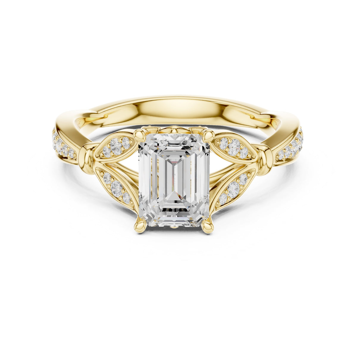 Emerald Cut Engagement Ring with Leaf Side Accents and Pavé Band