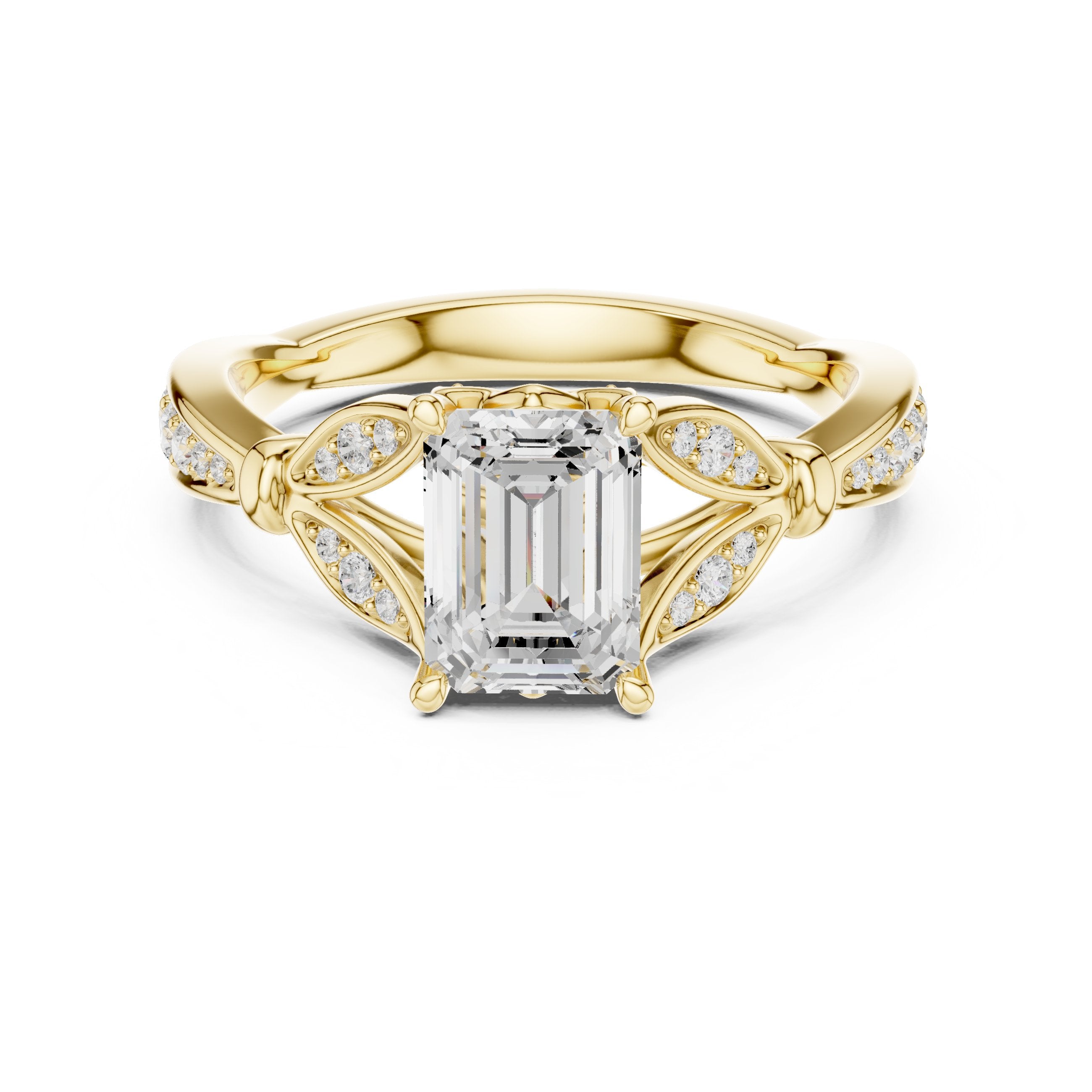 Emerald Cut Engagement Ring with Leaf Side Accents and Pavé Band in Yellow Gold - VYKA Diamonds