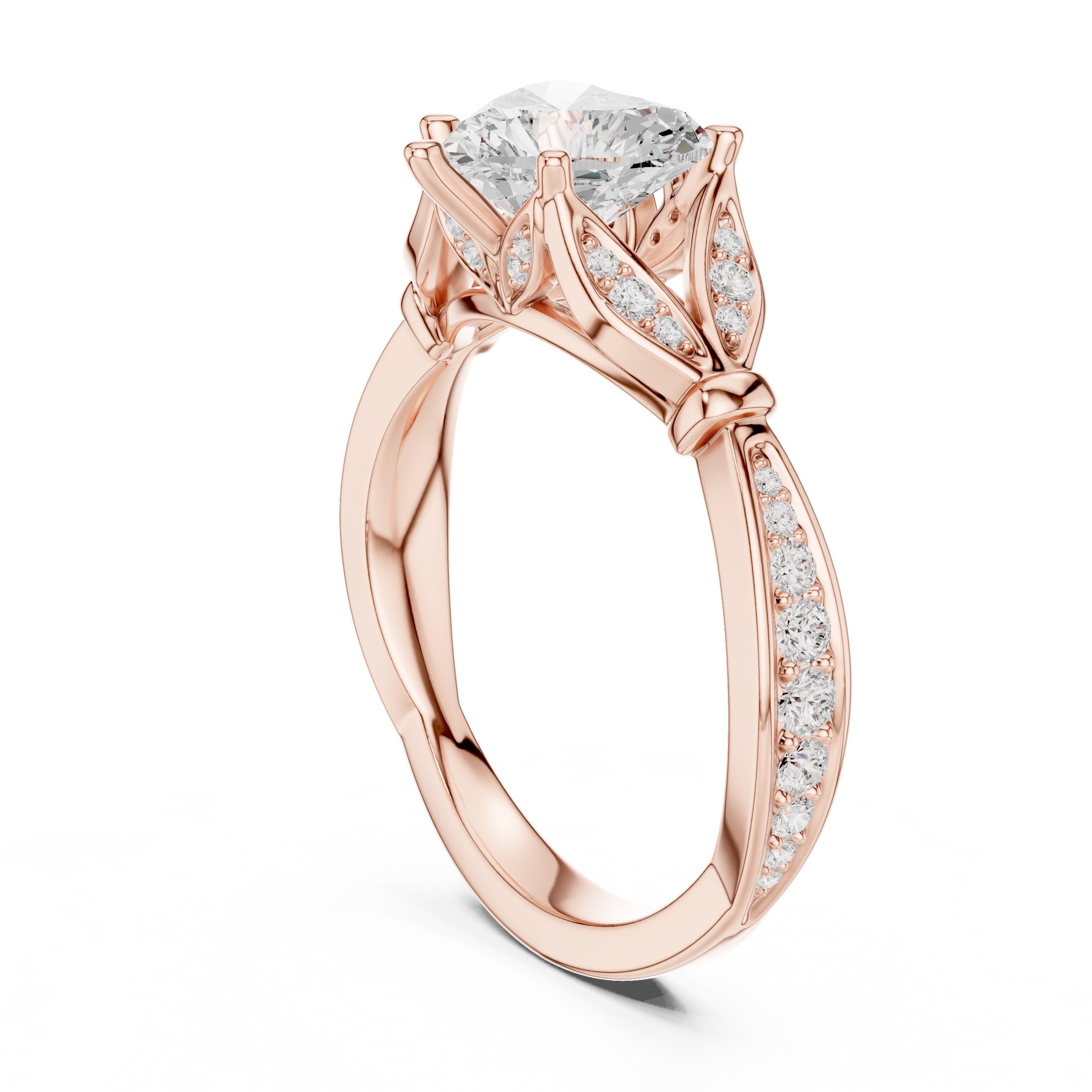 Heart Diamond Engagement Ring with Leaf Side Accents and Pavé Band in Rose Gold - VYKA Diamonds