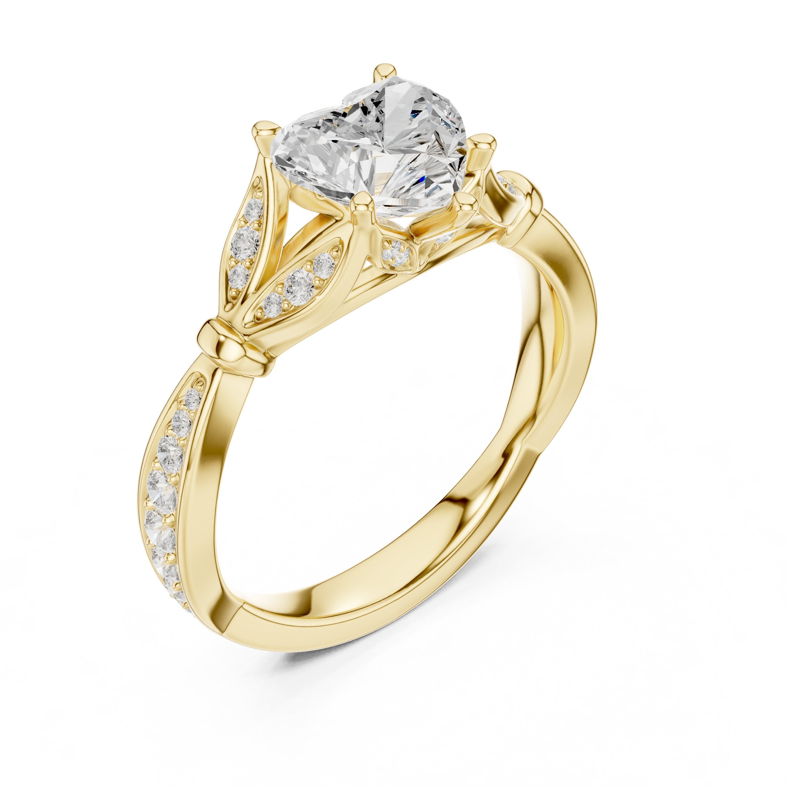 Heart Diamond Engagement Ring with Leaf Side Accents and Pavé Band in Yellow Gold - VYKA Diamonds