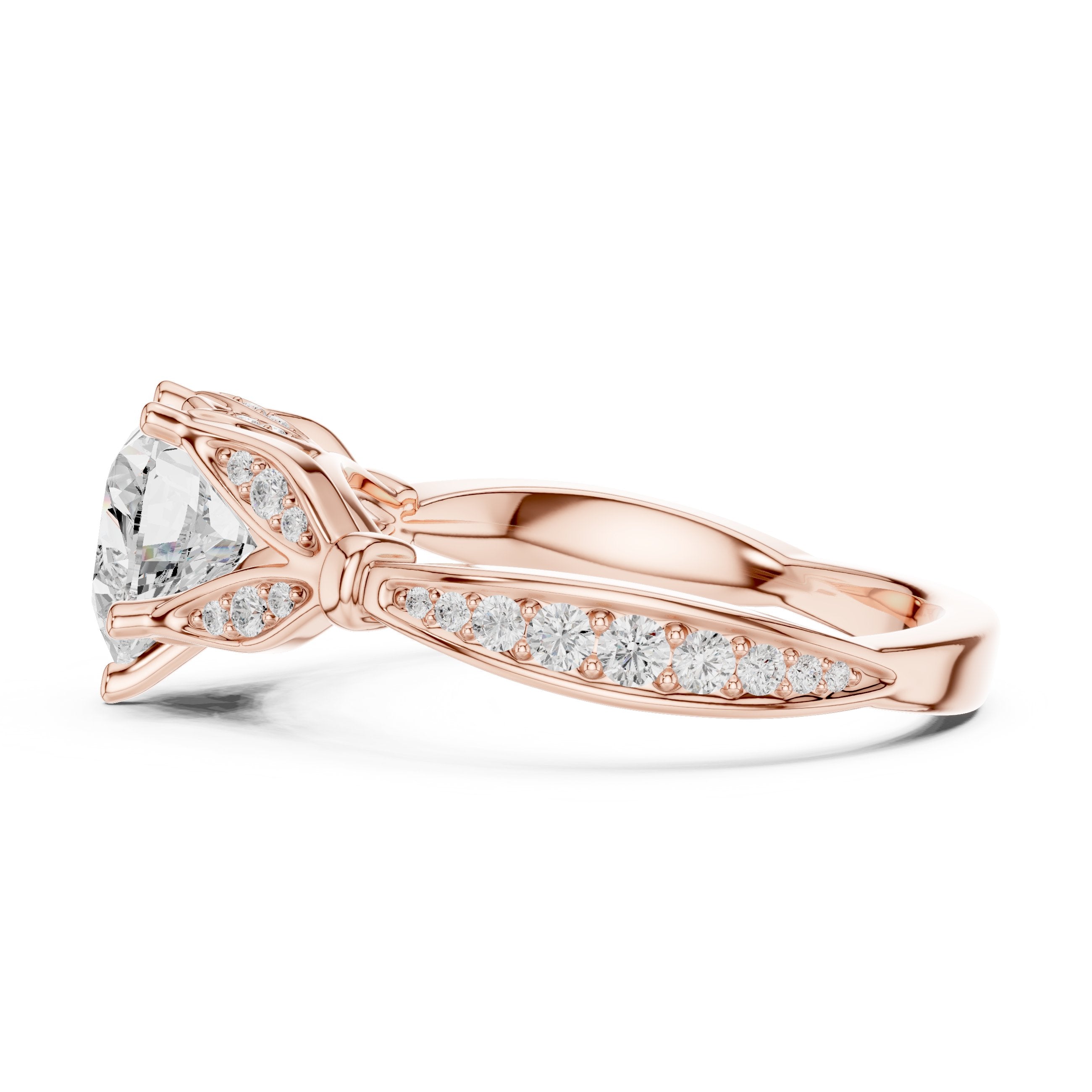 Heart Diamond Engagement Ring with Leaf Side Accents and Pavé Band in Rose Gold - VYKA Diamonds