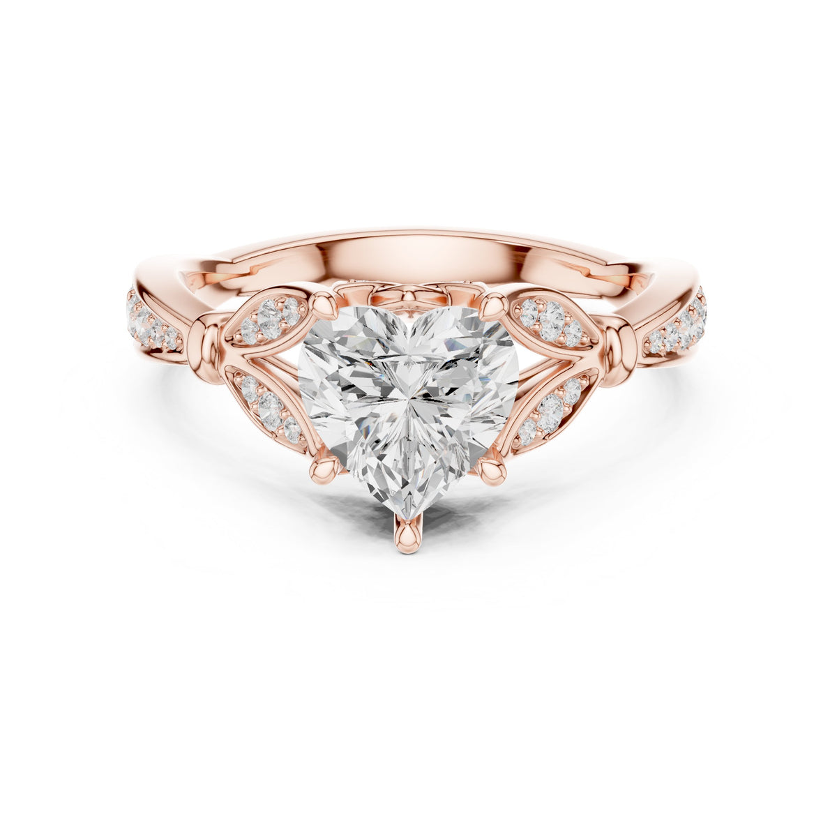Heart Diamond Engagement Ring with Leaf Side Accents and Pavé Band
