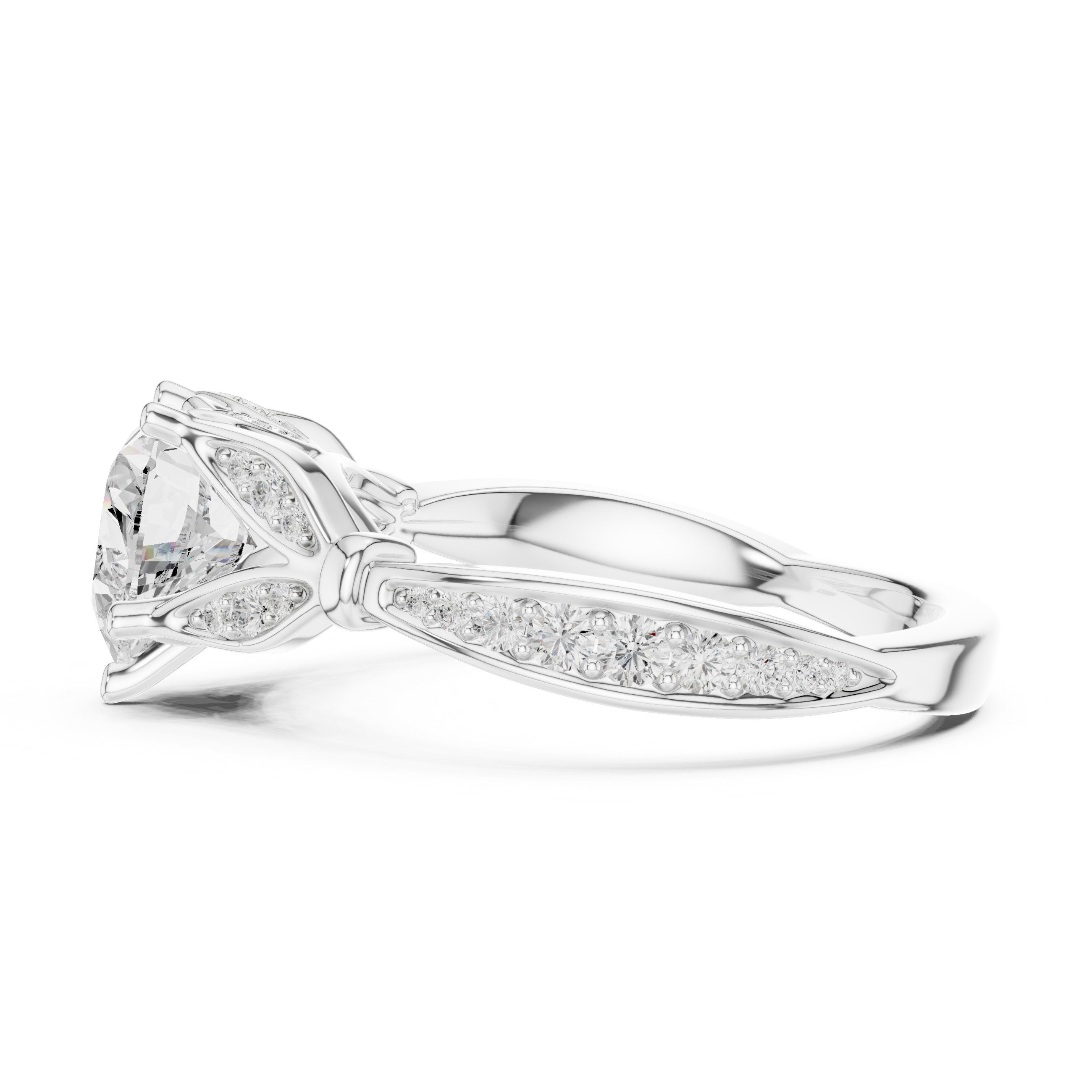 Heart Diamond Engagement Ring with Leaf Side Accents and Pavé Band in White Gold - VYKA Diamonds