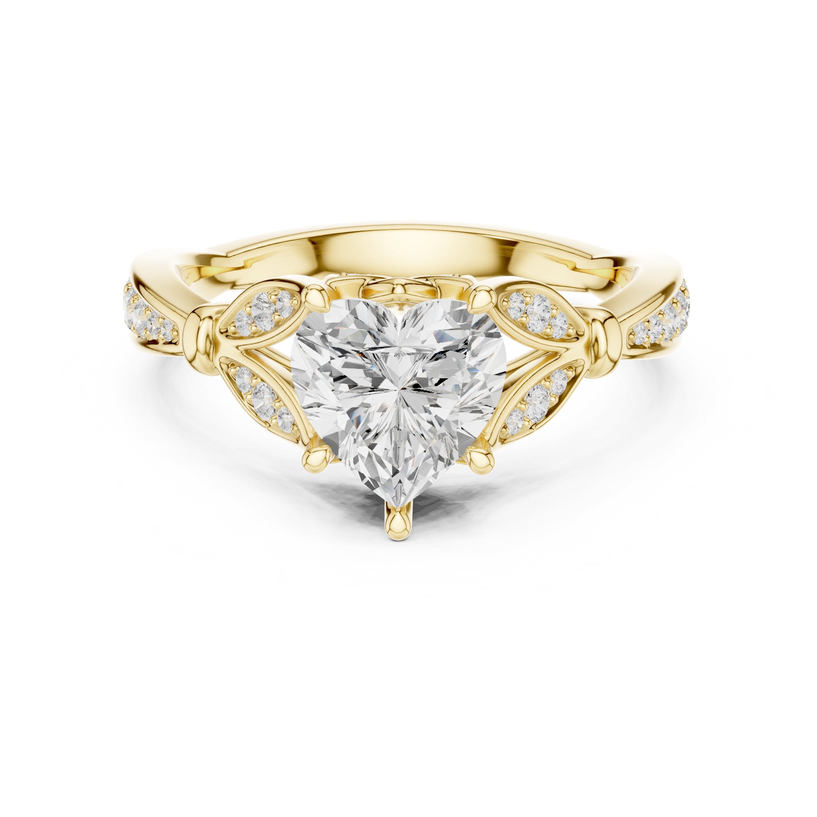 Heart Diamond Engagement Ring with Leaf Side Accents and Pavé Band in Yellow Gold - VYKA Diamonds