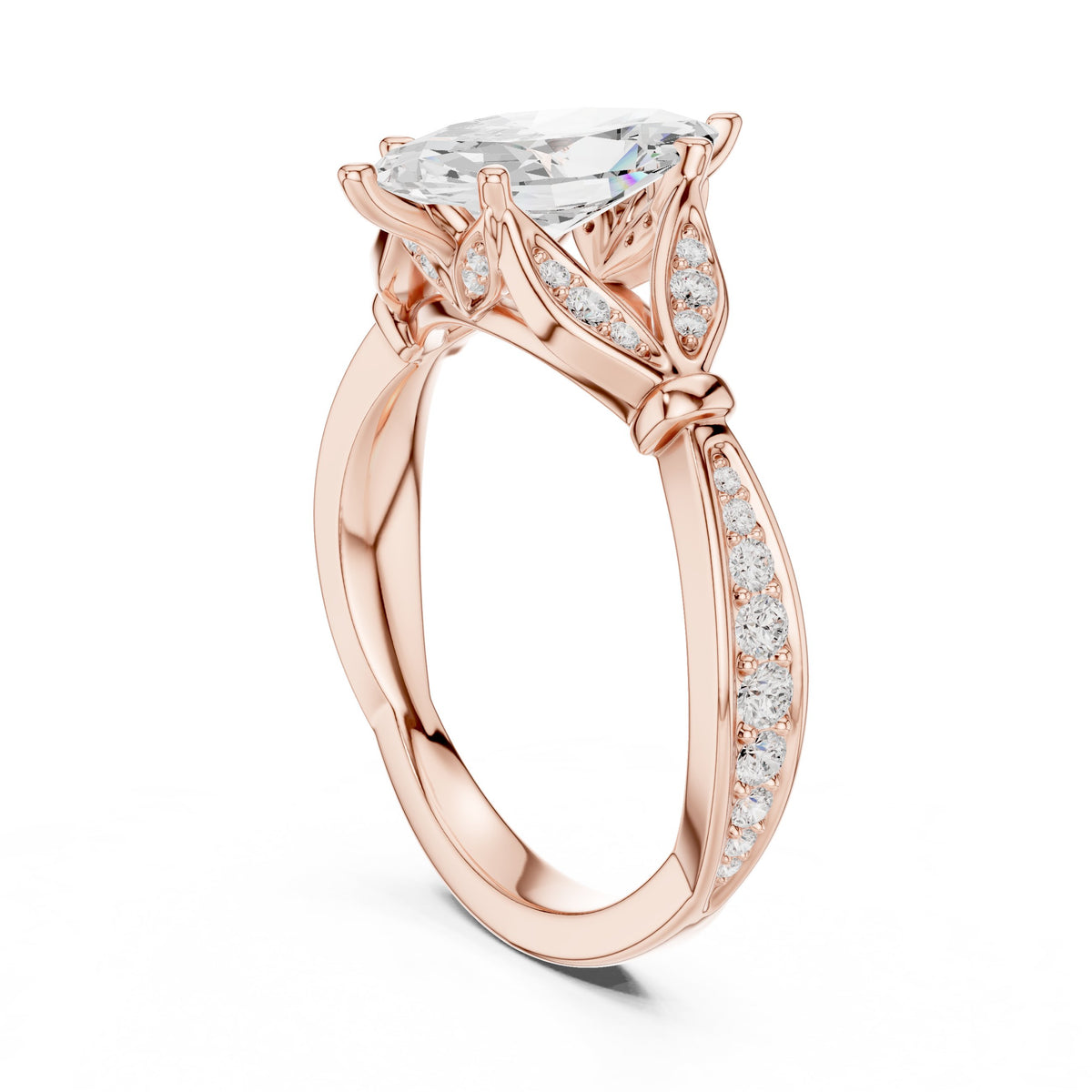 Marquise Cut Engagement Ring with Leaf Accents and Pavé Band