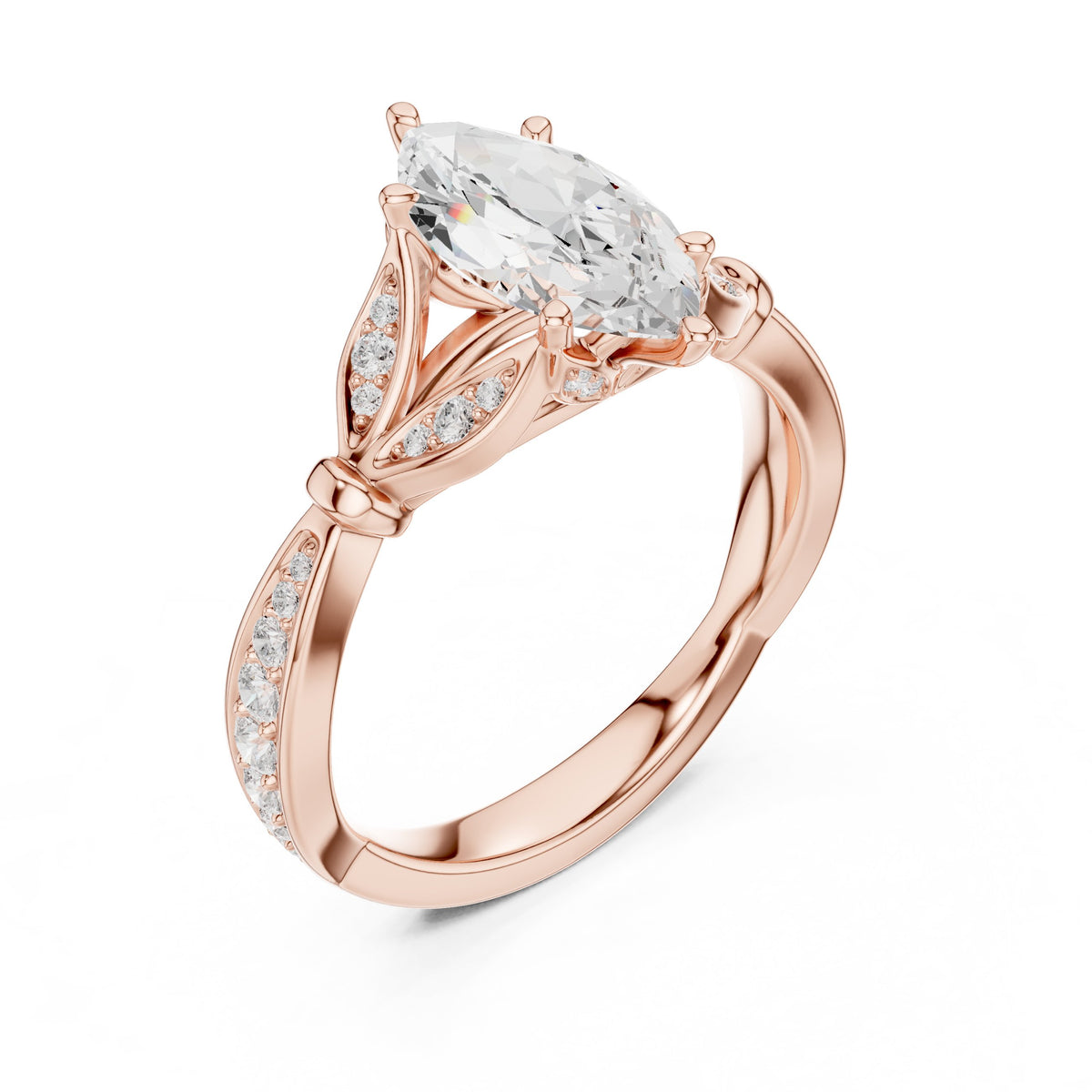 Marquise Cut Engagement Ring with Leaf Accents and Pavé Band