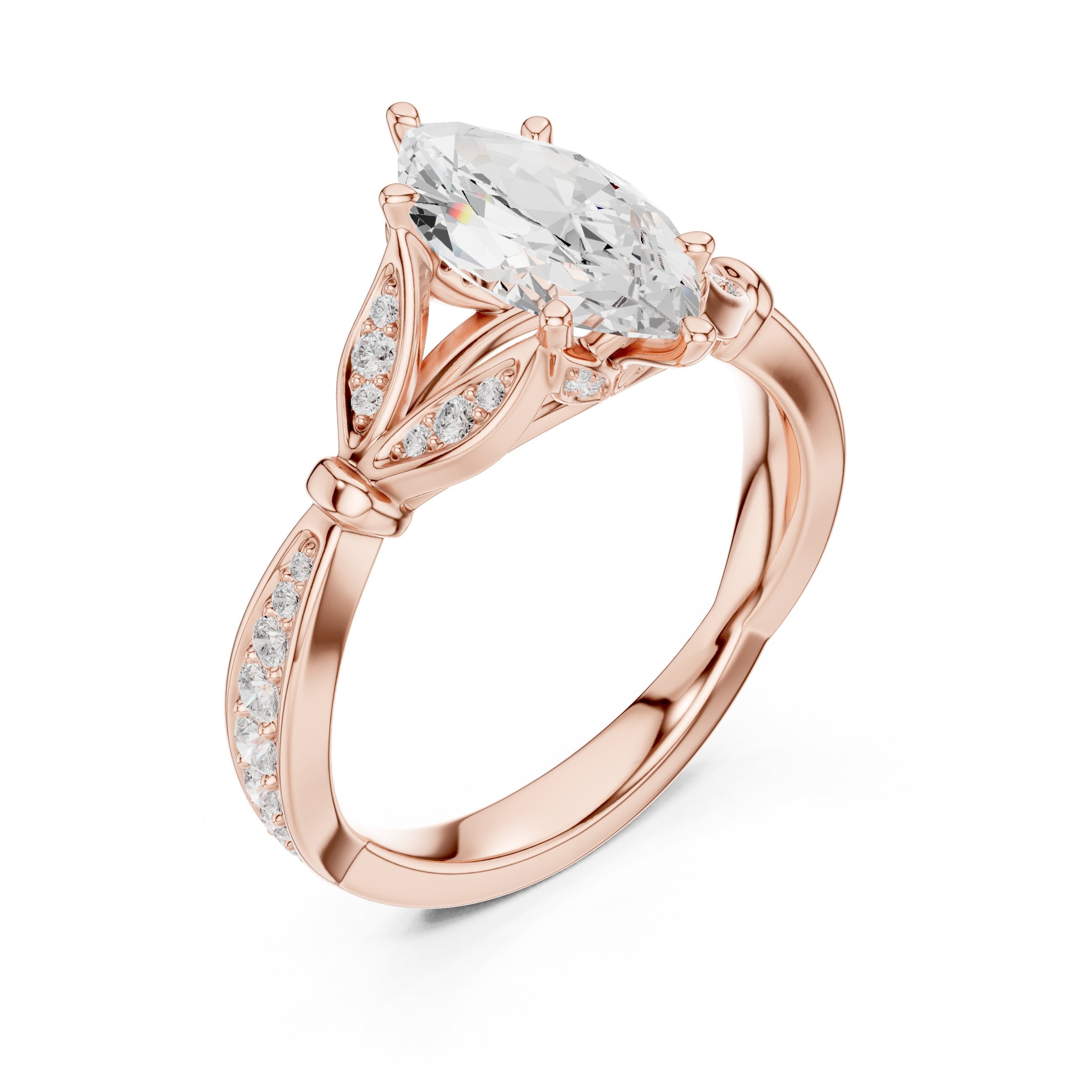 Marquise Cut Engagement Ring with Leaf Accents and Pavé Band in Rose Gold - VYKA Diamonds