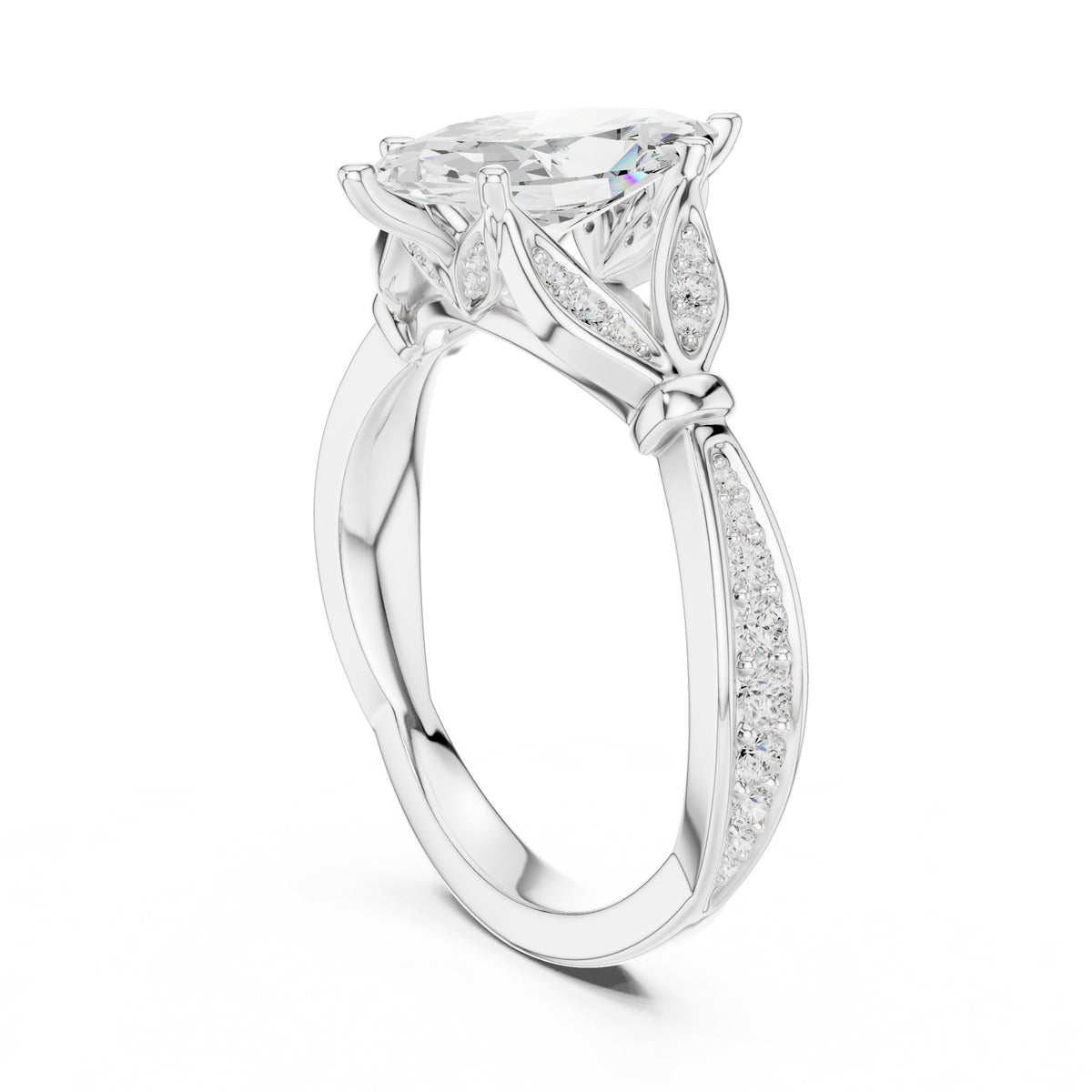 Marquise Cut Engagement Ring with Leaf Accents and Pavé Band
