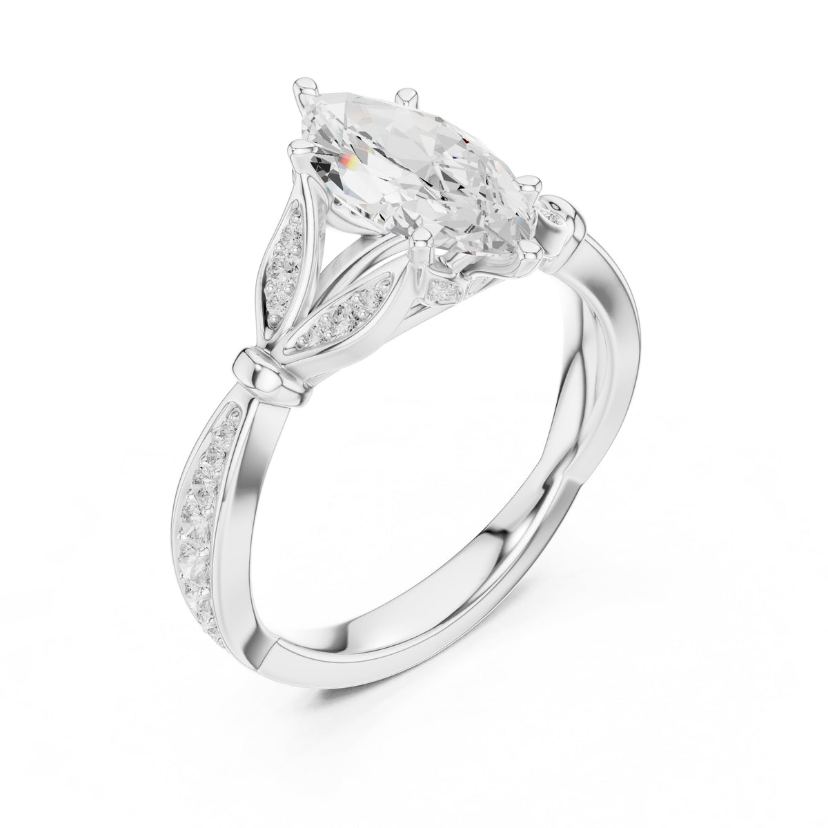 Marquise Cut Engagement Ring with Leaf Accents and Pavé Band