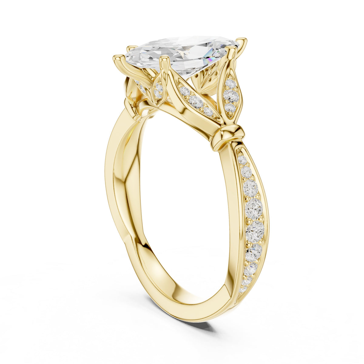 Marquise Cut Engagement Ring with Leaf Accents and Pavé Band
