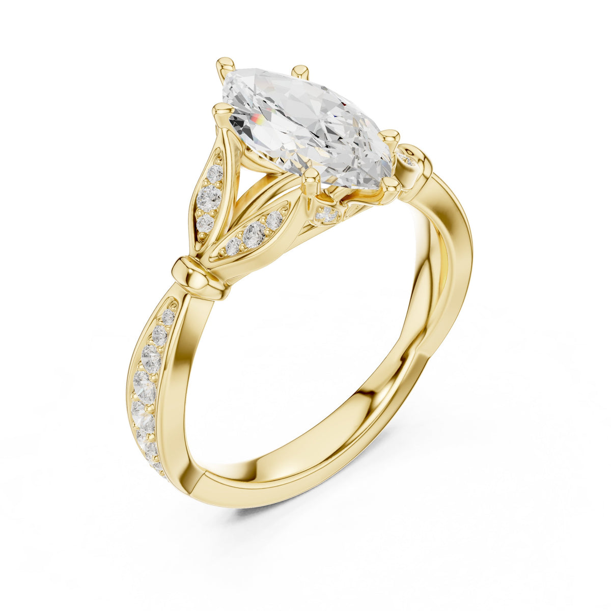 Marquise Cut Engagement Ring with Leaf Accents and Pavé Band