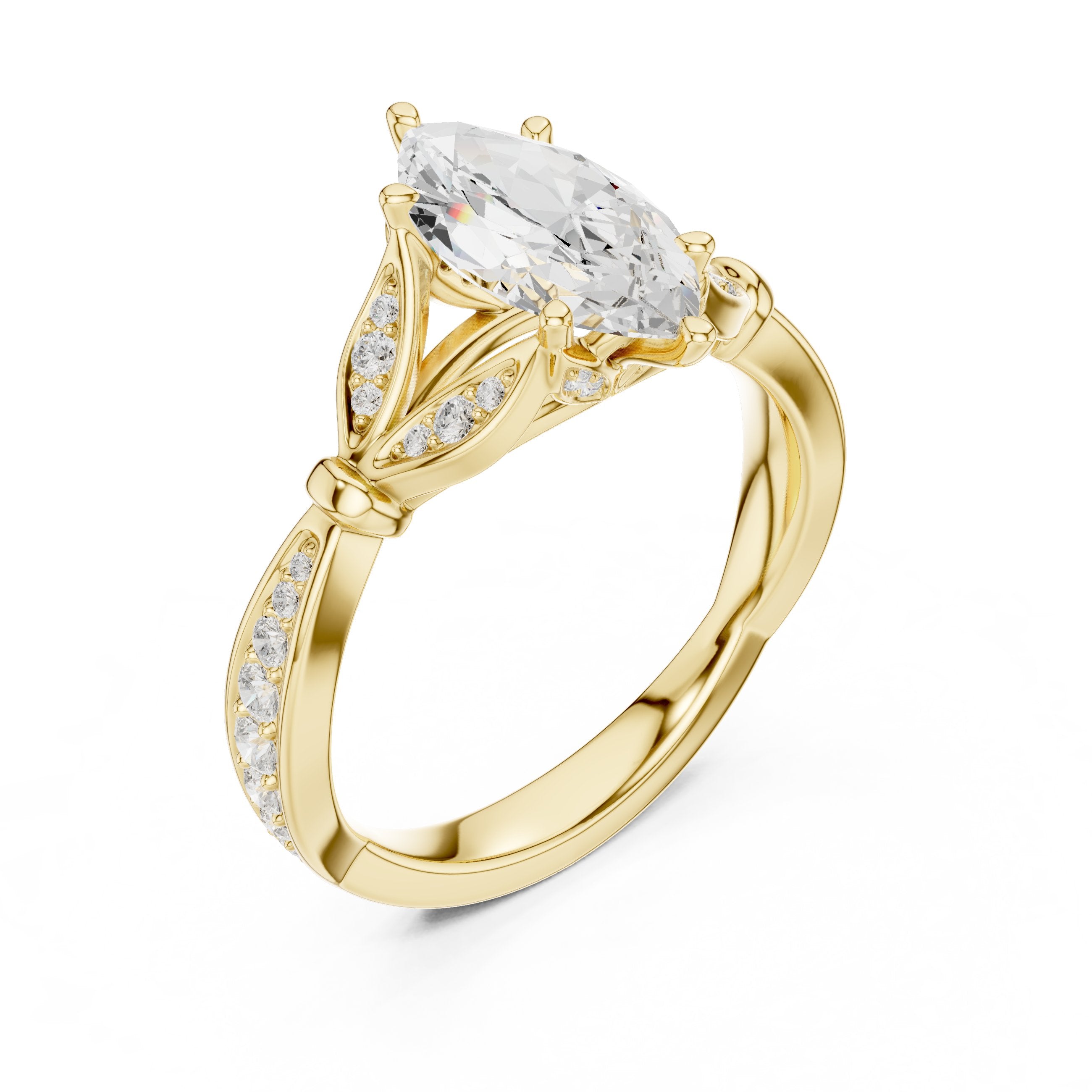 Marquise Cut Engagement Ring with Leaf Accents and Pavé Band in Yellow Gold - VYKA Diamonds