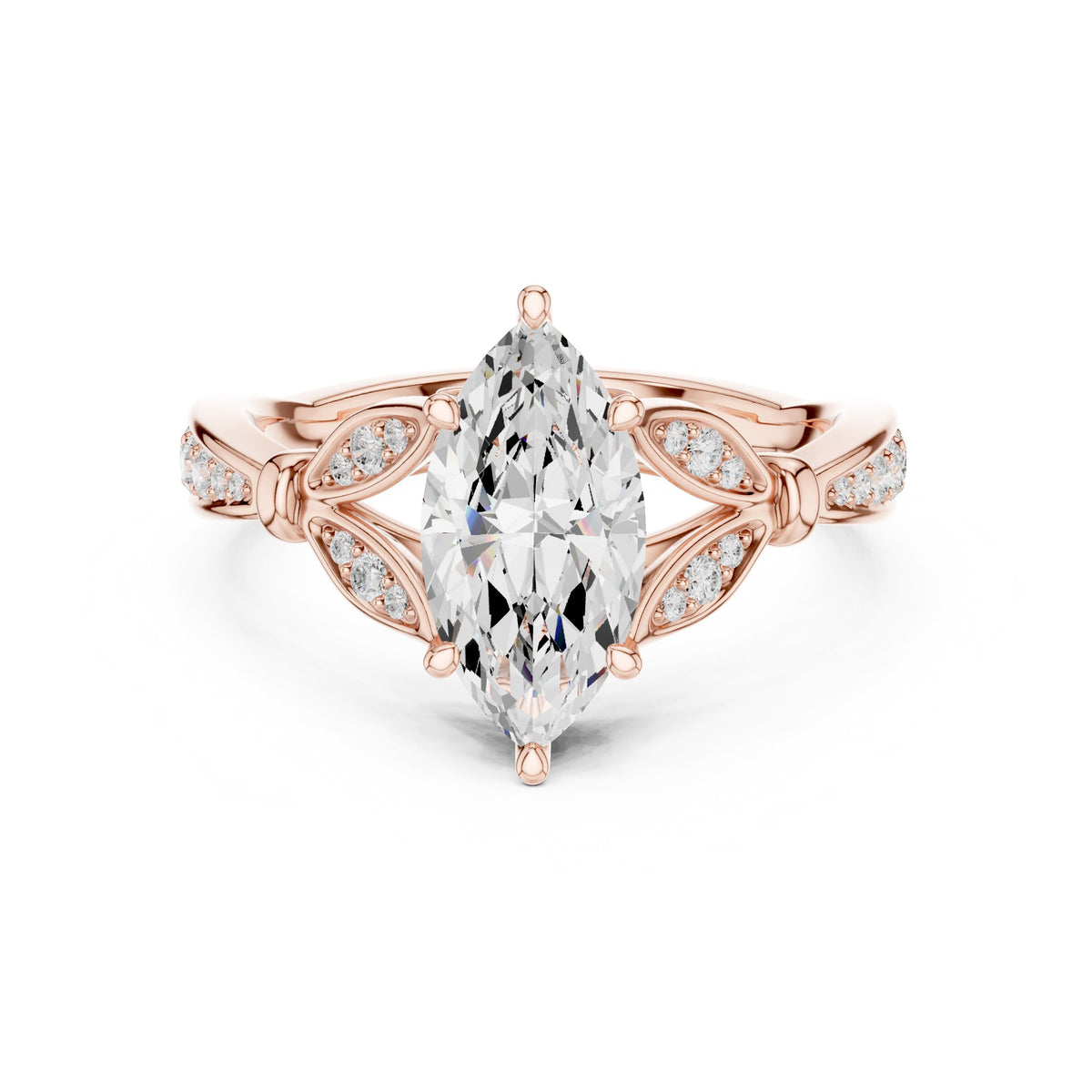 Marquise Cut Engagement Ring with Leaf Accents and Pavé Band