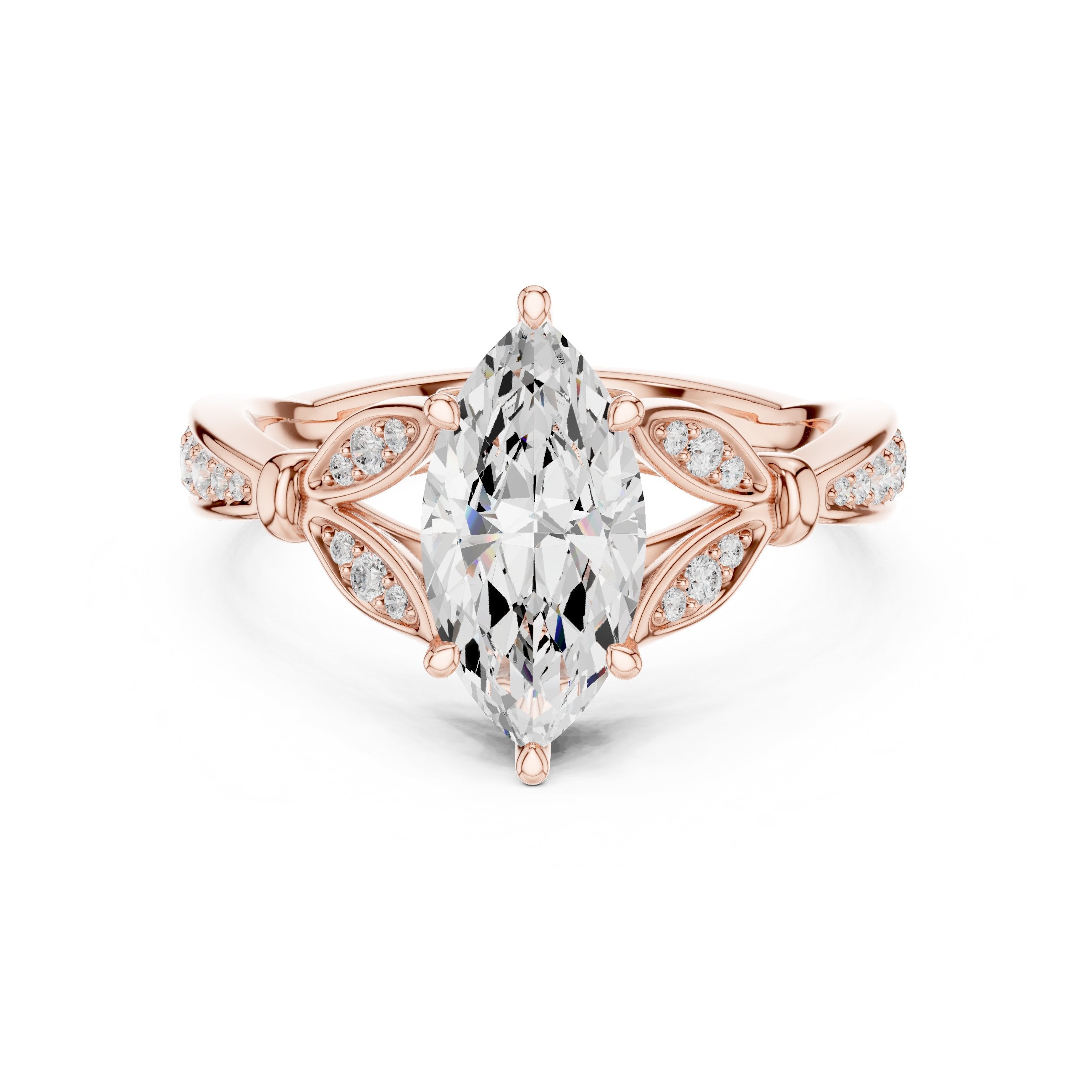 Marquise Cut Engagement Ring with Leaf Accents and Pavé Band in Rose Gold - VYKA Diamonds