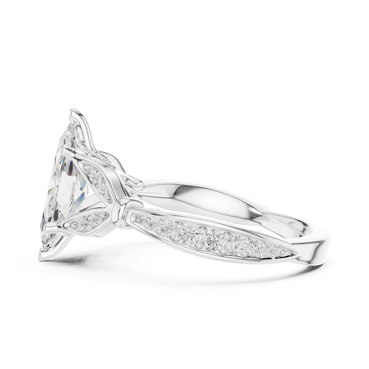 Marquise Cut Engagement Ring with Leaf Accents and Pavé Band