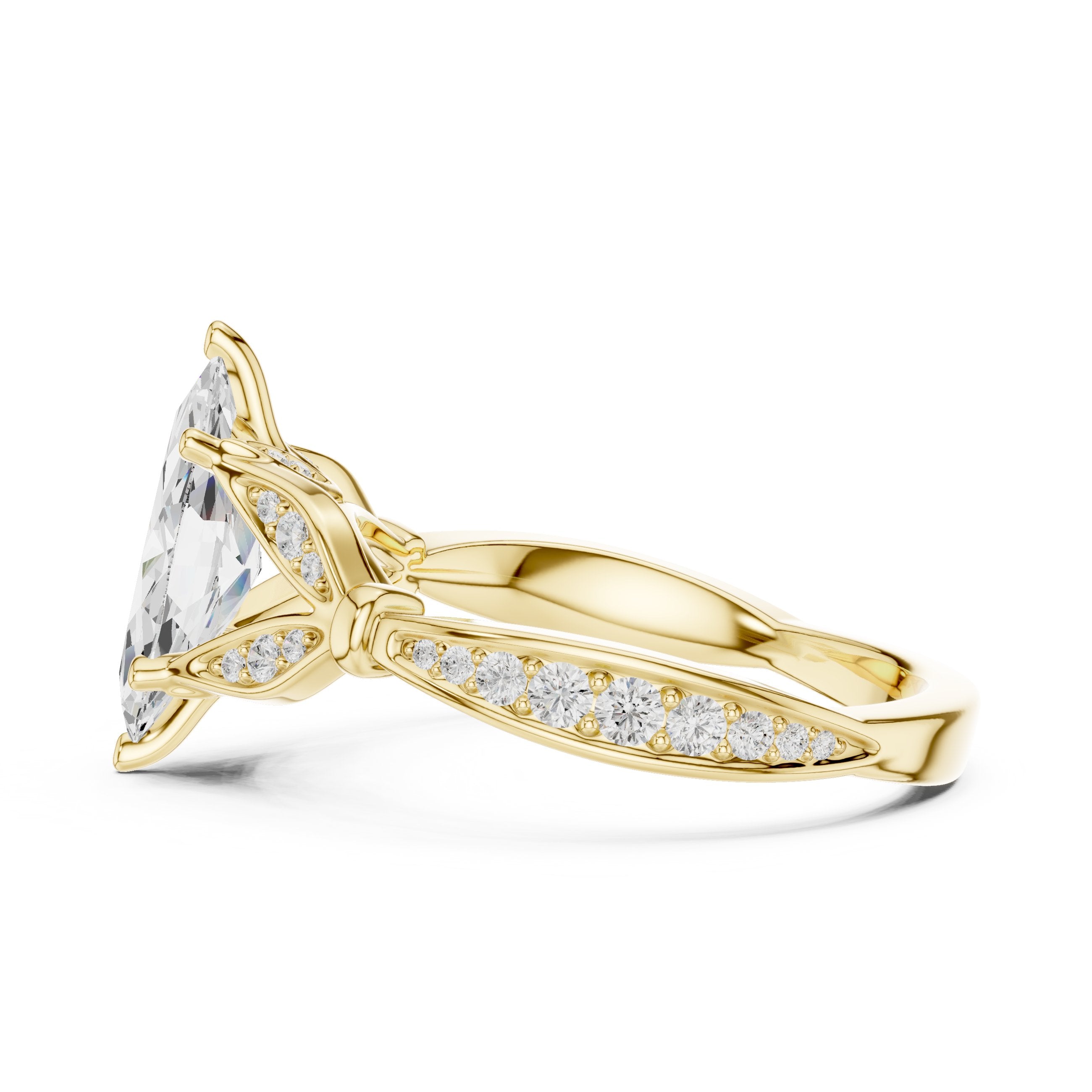 Marquise Cut Engagement Ring with Leaf Accents and Pavé Band in Yellow Gold - VYKA Diamonds