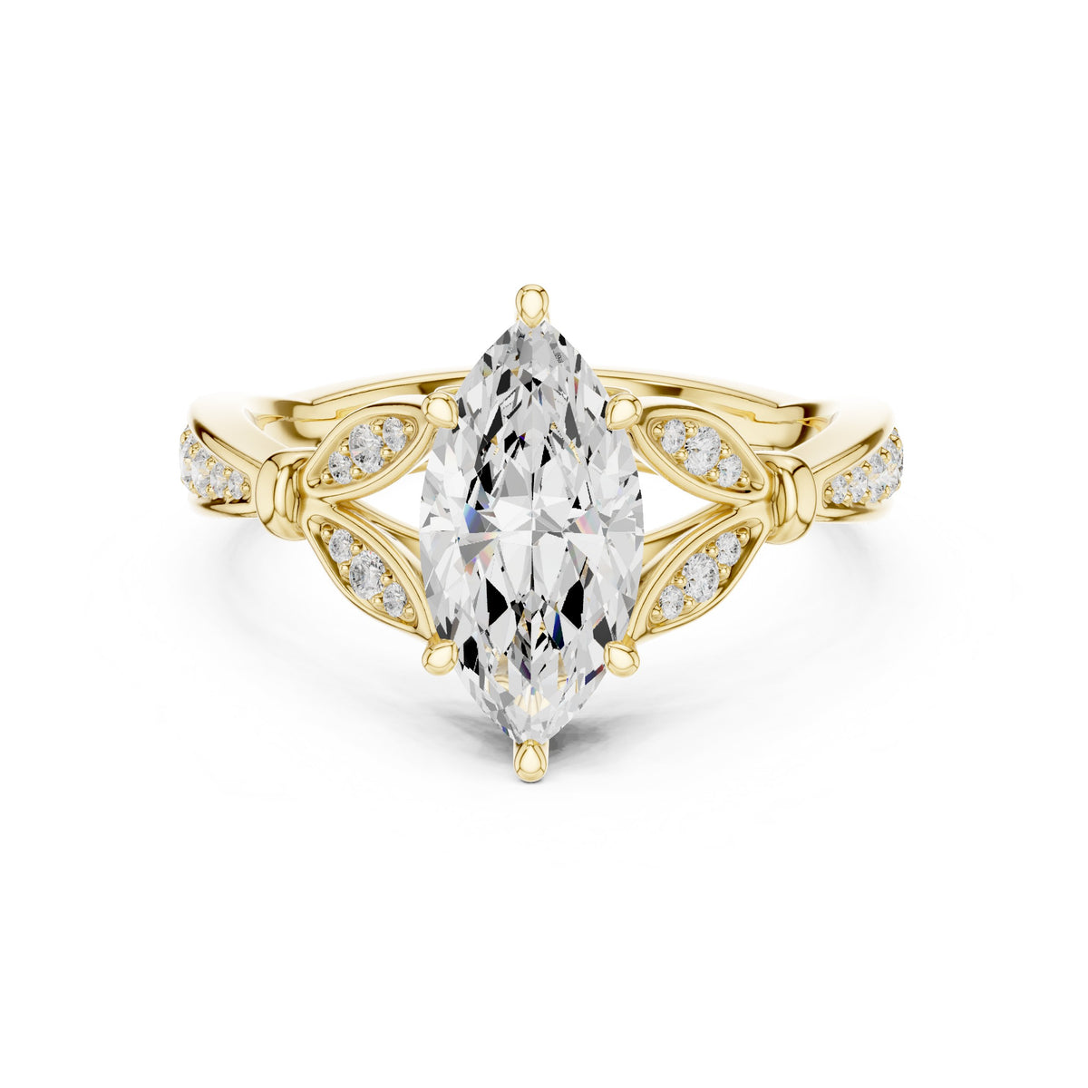 Marquise Cut Engagement Ring with Leaf Accents and Pavé Band
