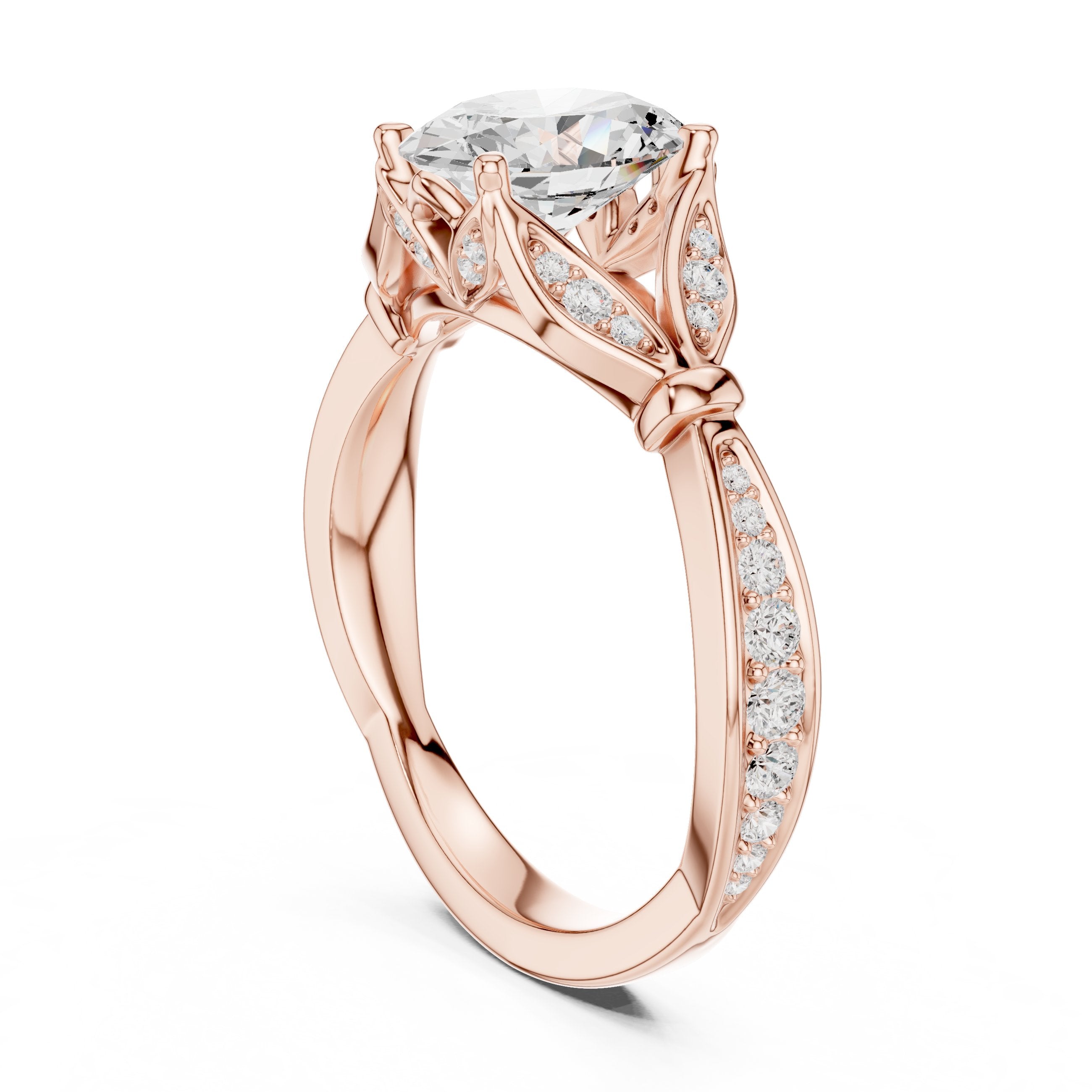 Oval Diamond Engagement Ring with Leaf Side Accents and Pavé Band in Rose Gold - VYKA Diamonds