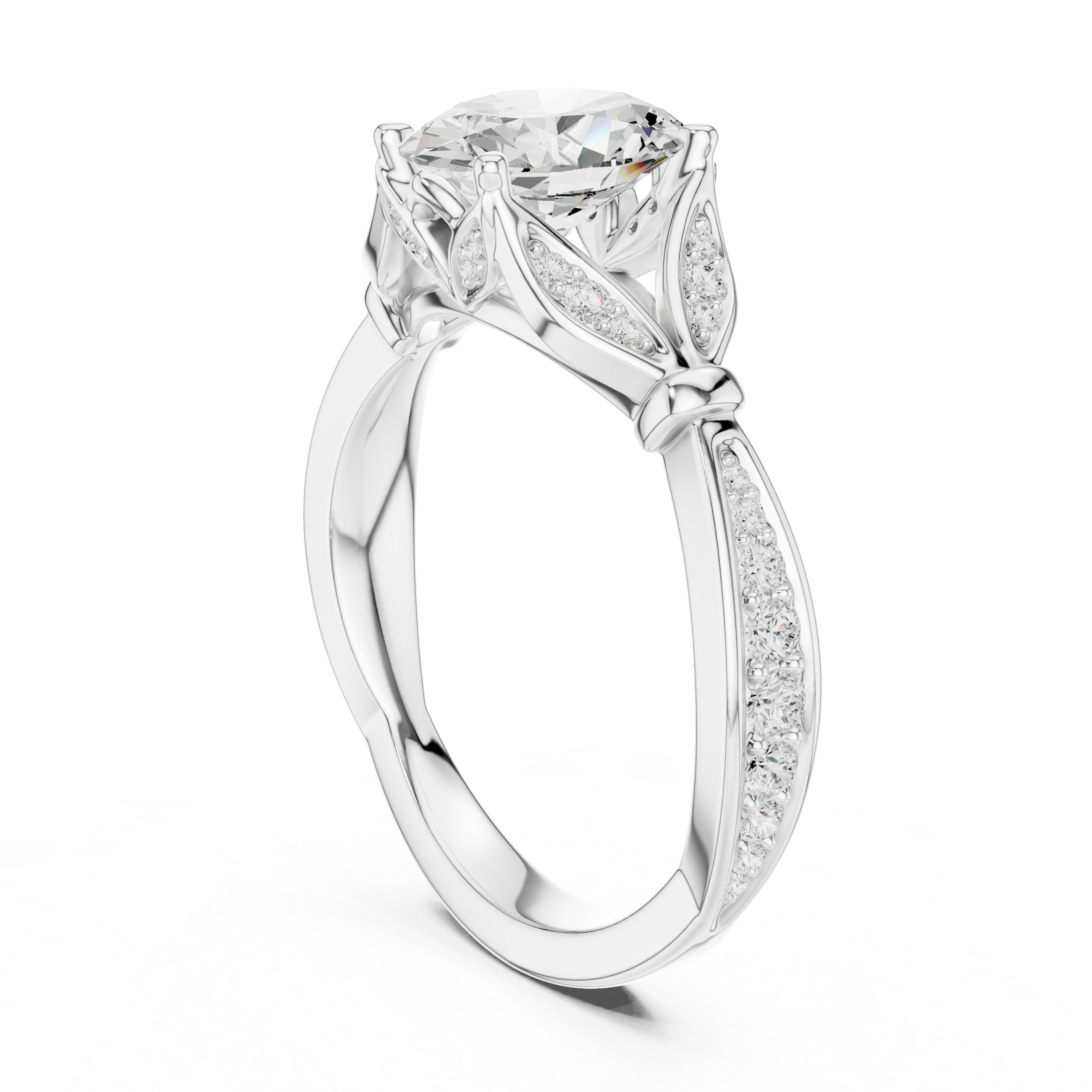 Oval Diamond Engagement Ring with Leaf Side Accents and Pavé Band in White Gold - VYKA Diamonds