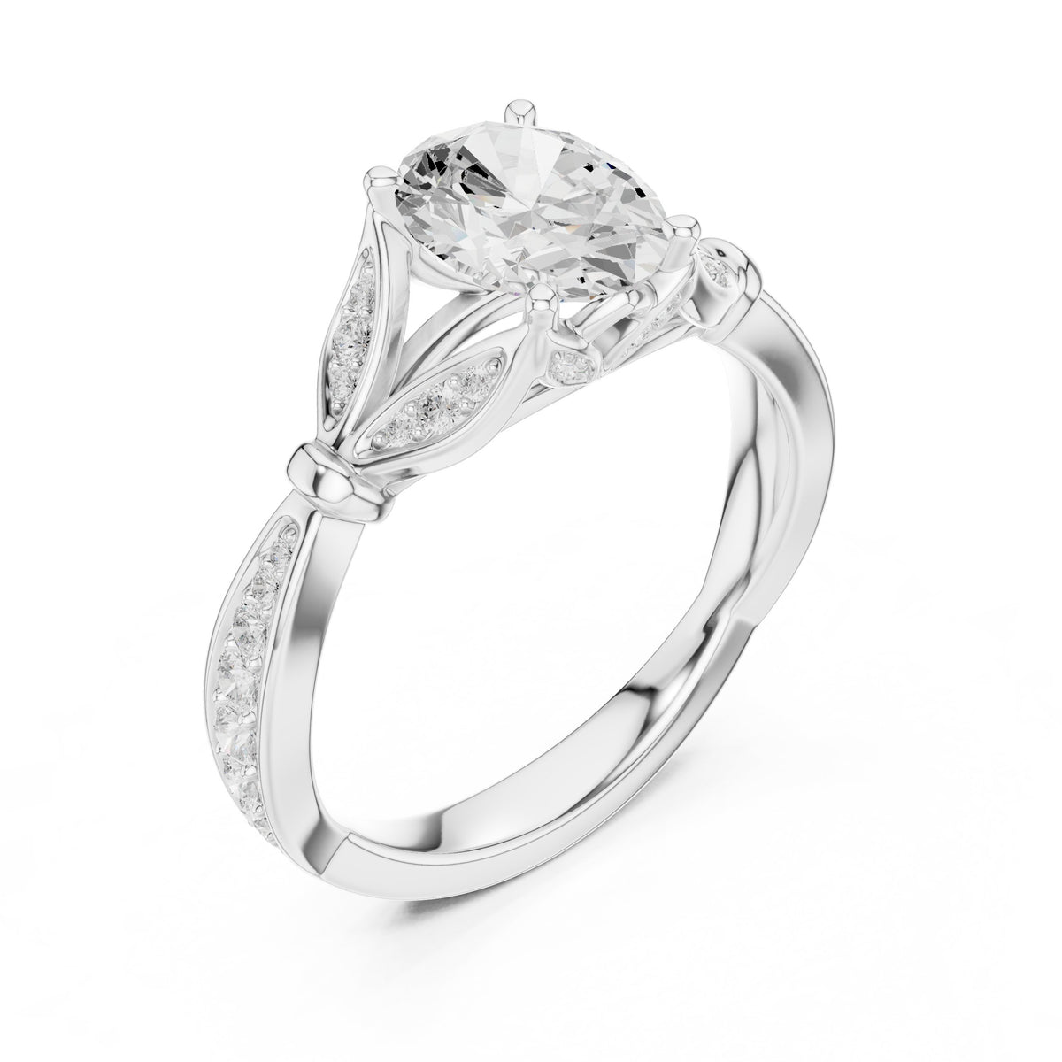 Oval Diamond Engagement Ring with Leaf Side Accents and Pavé Band