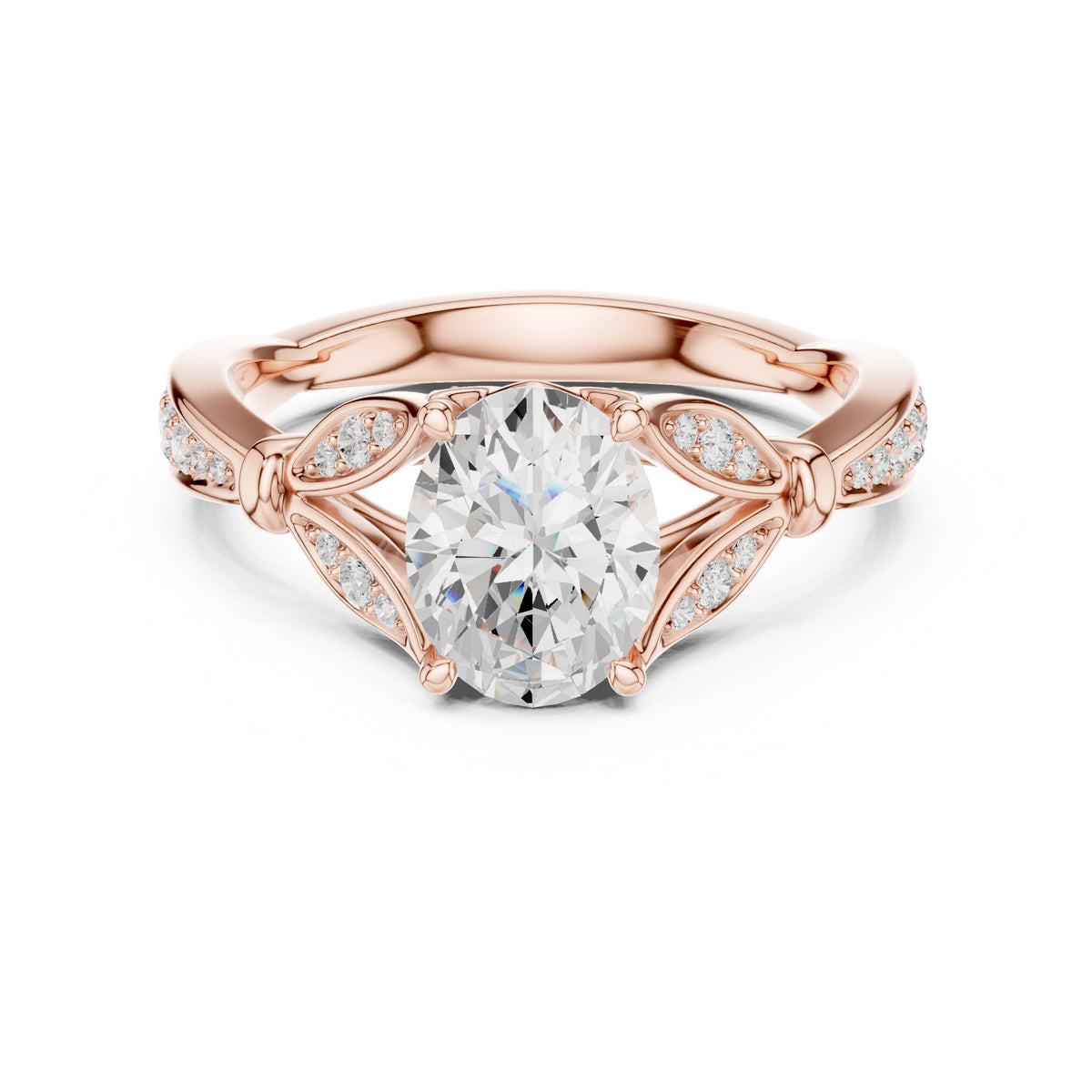 Oval Diamond Engagement Ring with Leaf Side Accents and Pavé Band