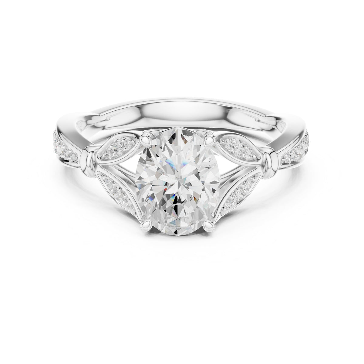 Oval Diamond Engagement Ring with Leaf Side Accents and Pavé Band