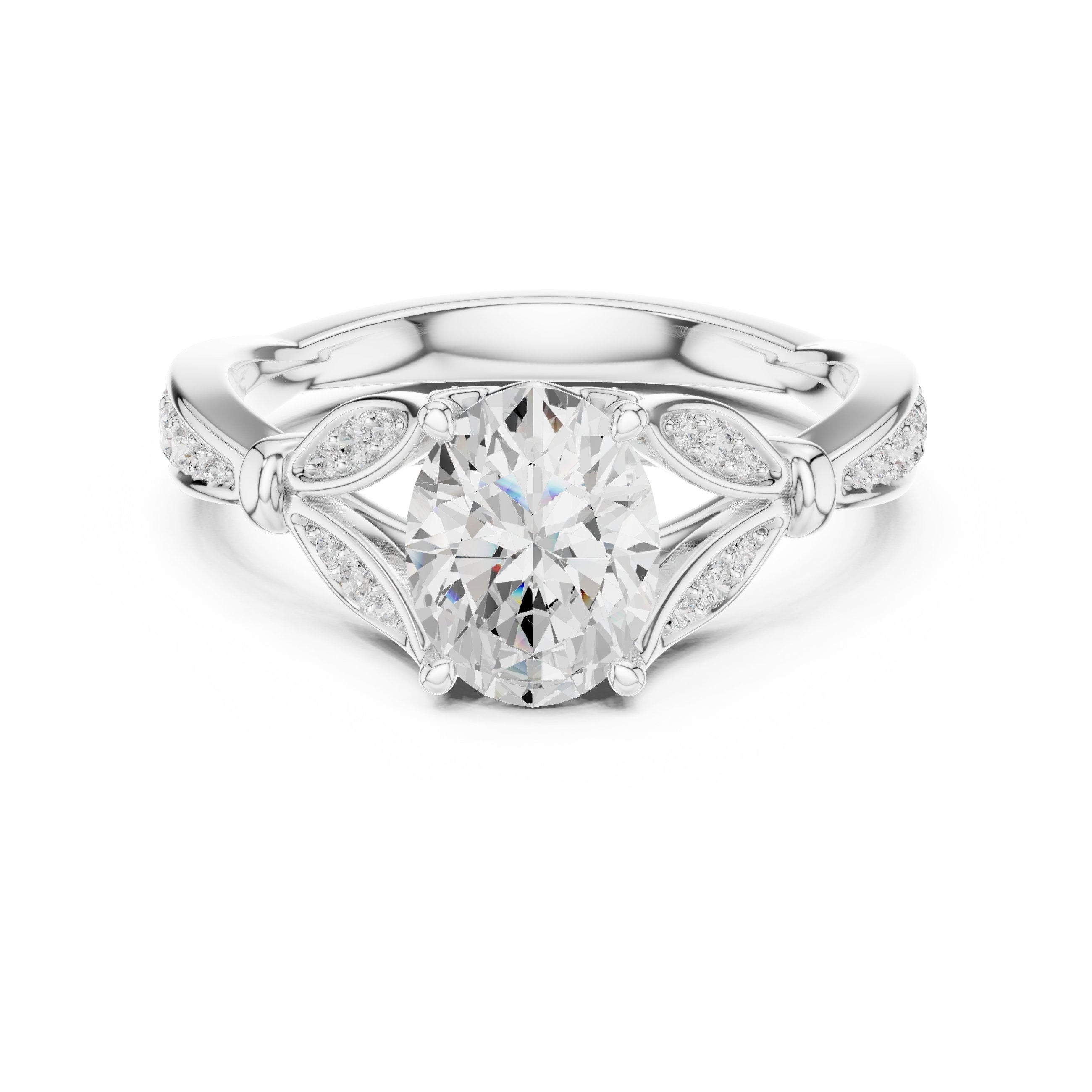 Oval Diamond Engagement Ring with Leaf Side Accents and Pavé Band in White Gold - VYKA Diamonds
