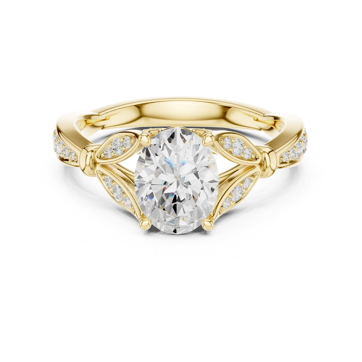 Oval Diamond Engagement Ring with Leaf Side Accents and Pavé Band