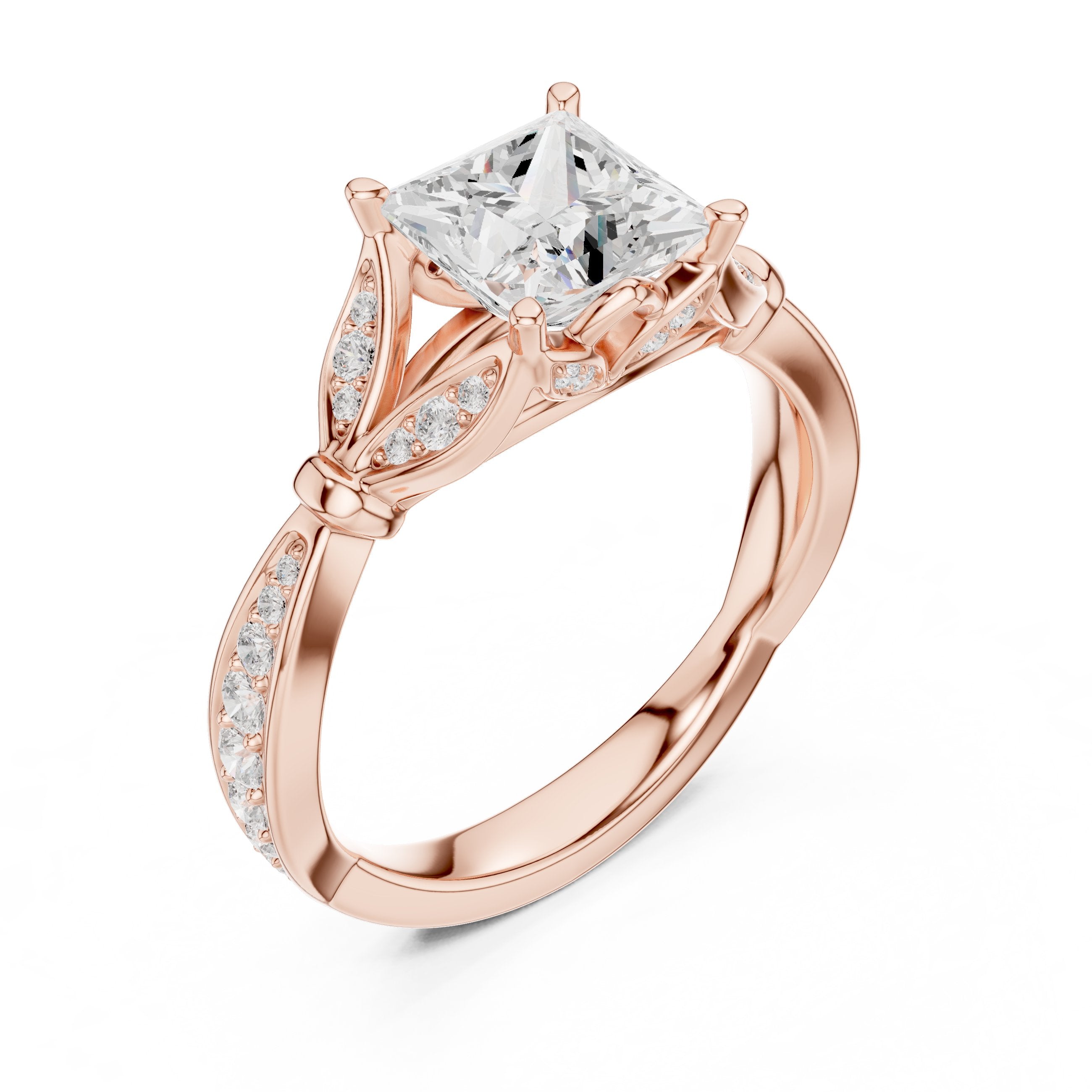 Princess Cut Engagement Ring with Leaf Side Accents and Pavé Band in Rose Gold - VYKA Diamonds