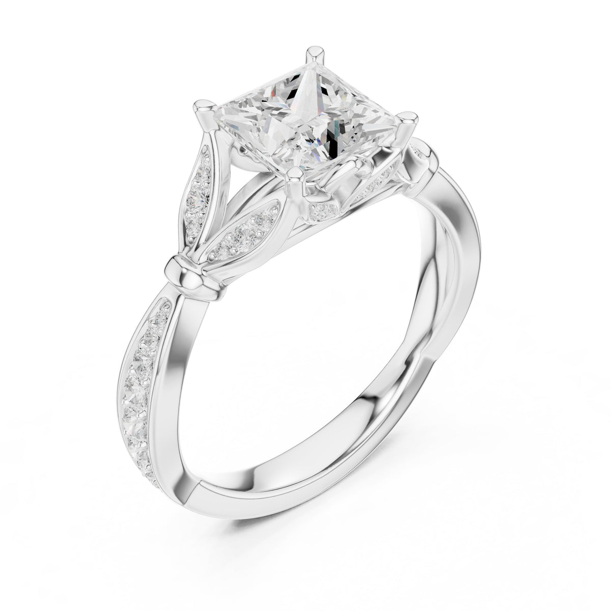 Princess Cut Engagement Ring with Leaf Side Accents and Pavé Band
