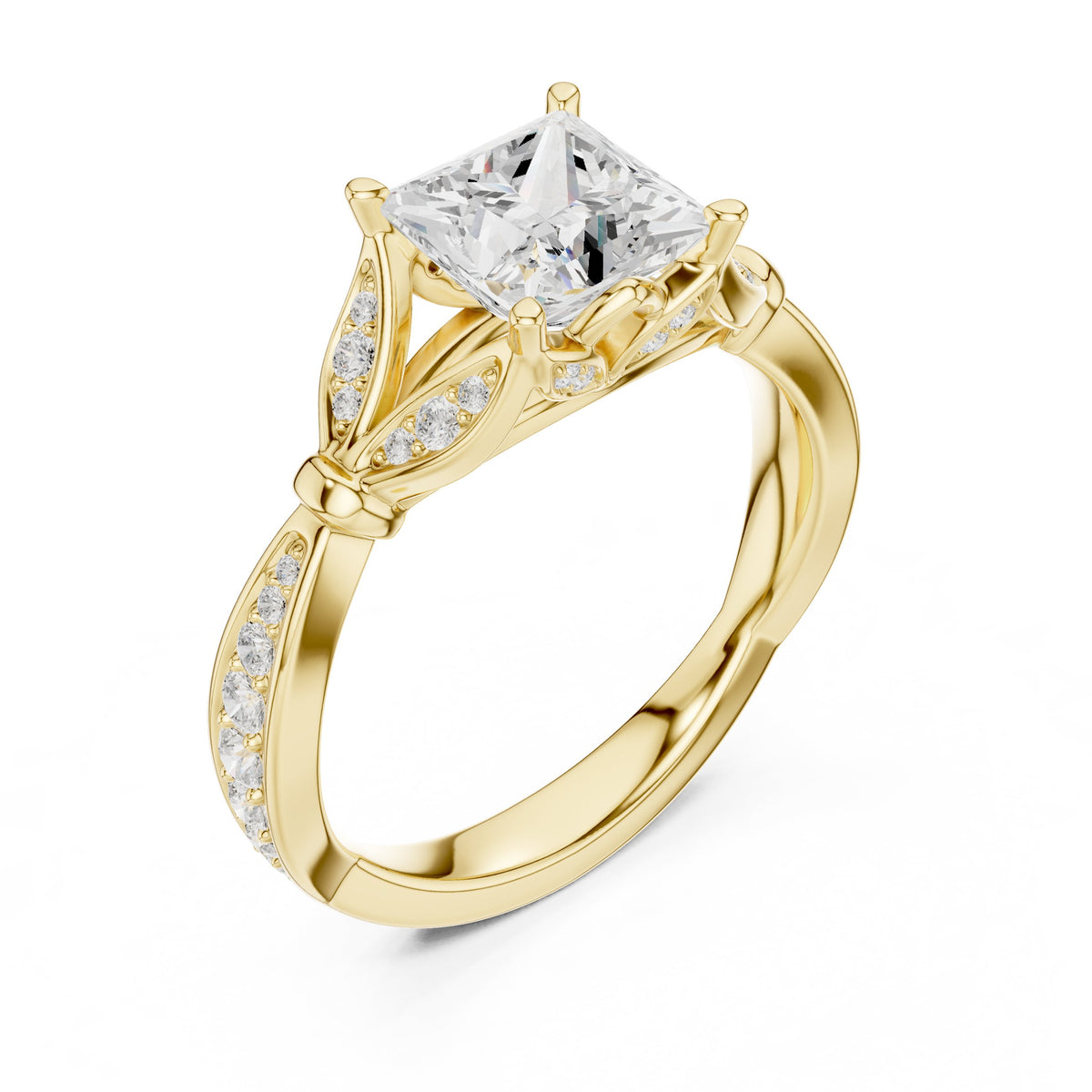 Princess Cut Engagement Ring with Leaf Side Accents and Pavé Band