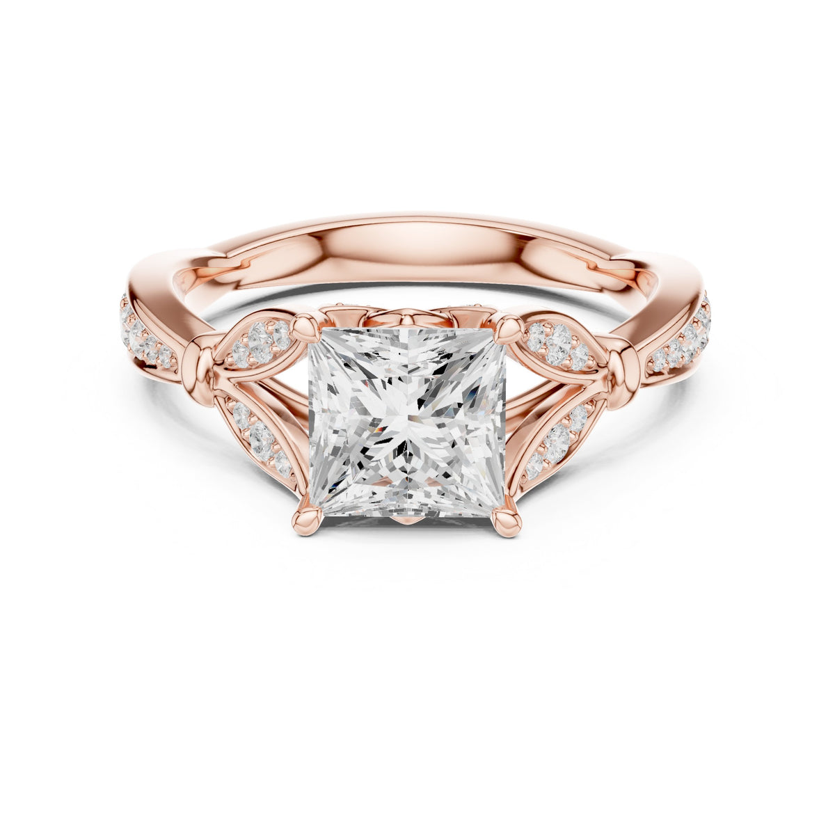 Princess Cut Engagement Ring with Leaf Side Accents and Pavé Band