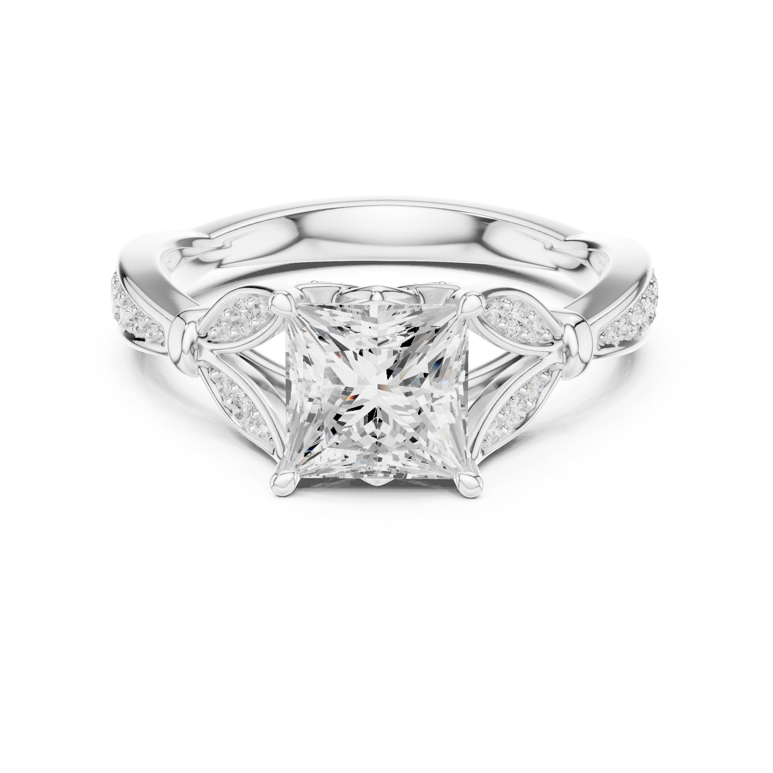 Princess Cut Engagement Ring with Leaf Side Accents and Pavé Band in White Gold - VYKA Diamonds