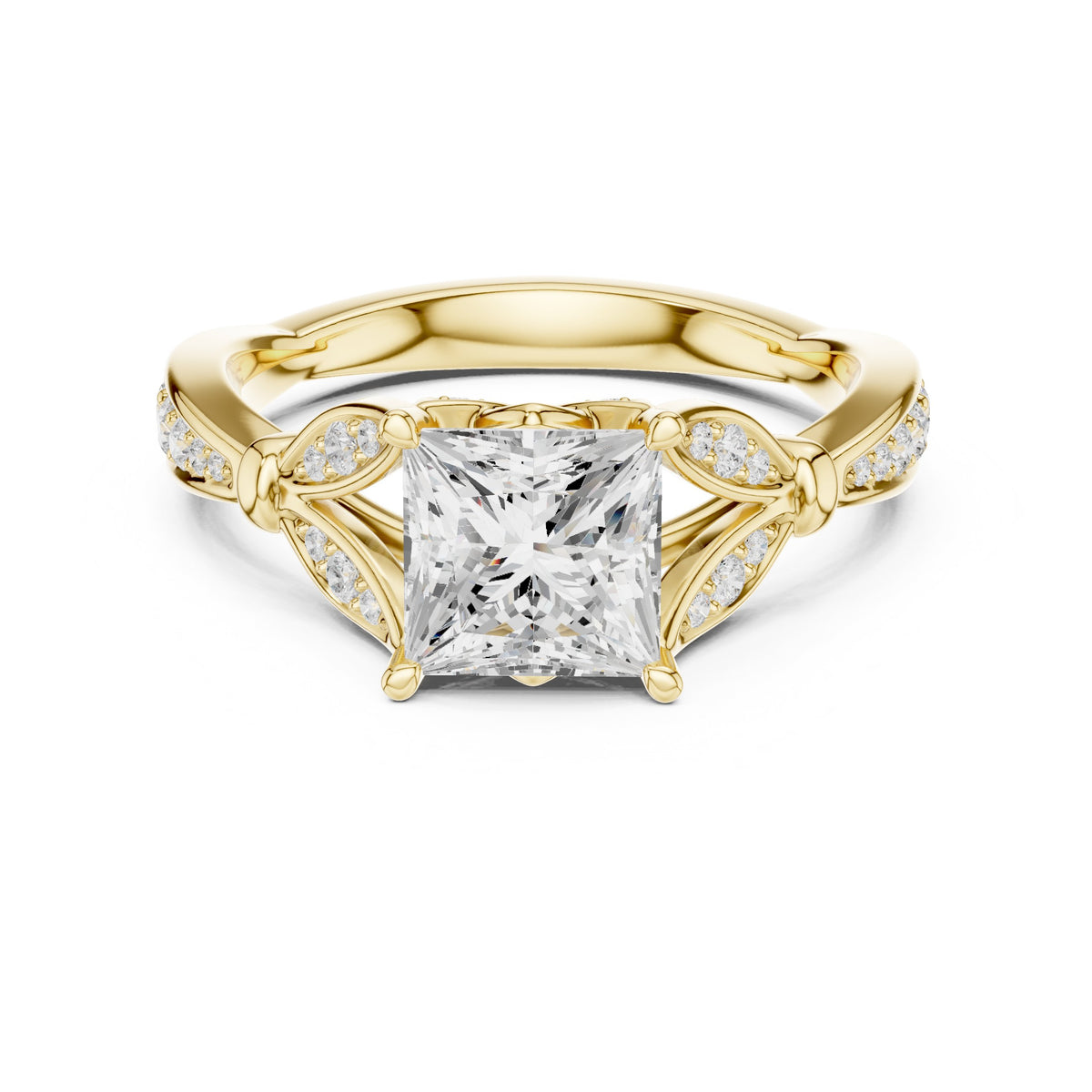 Princess Cut Engagement Ring with Leaf Side Accents and Pavé Band