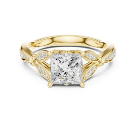 Princess Cut Engagement Ring with Leaf Side Accents and Pavé Band