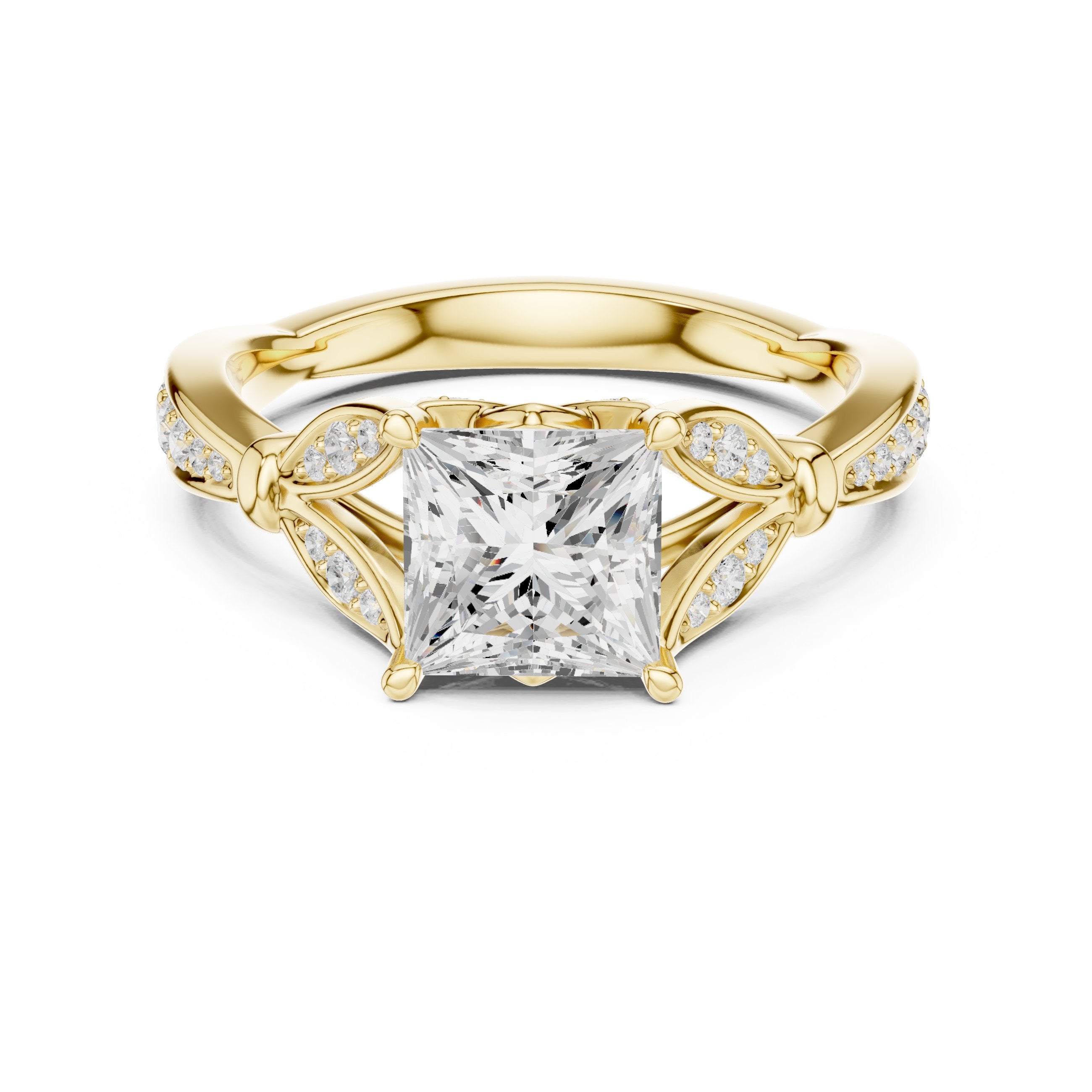 Princess Cut Engagement Ring with Leaf Side Accents and Pavé Band in Yellow Gold - VYKA Diamonds
