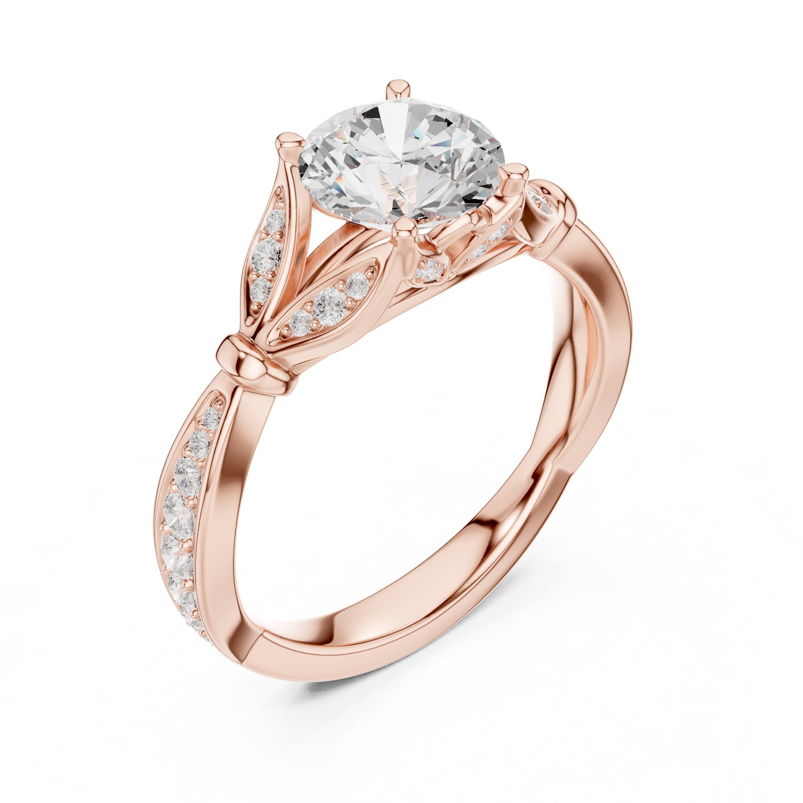Round Diamond Engagement Ring with Leaf Accents and Pavé Band in Rose Gold - VYKA Diamonds