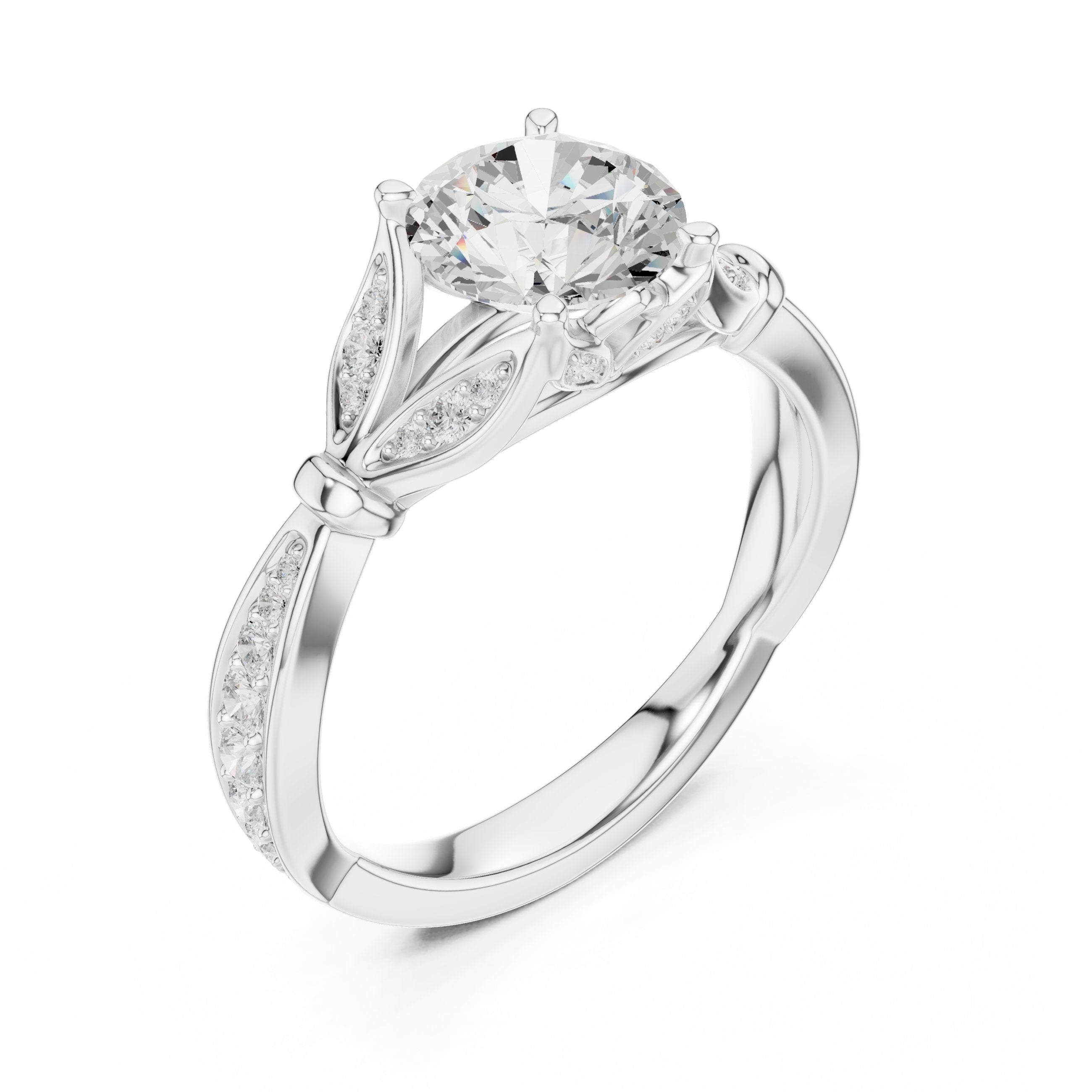 Round Diamond Engagement Ring with Leaf Accents and Pavé Band in White Gold - VYKA Diamonds