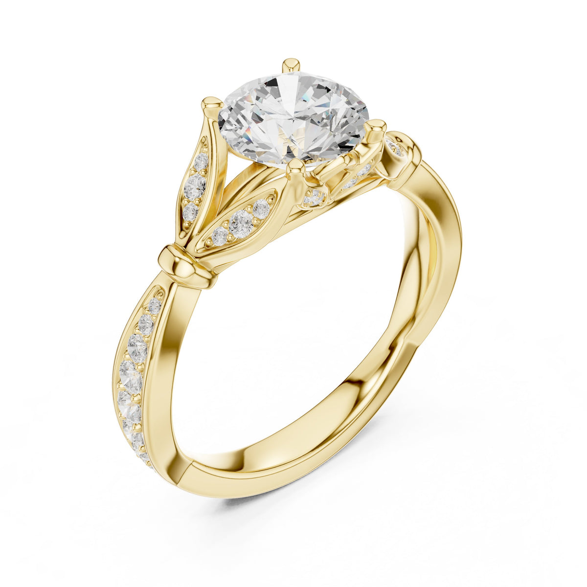 Round Diamond Engagement Ring with Leaf Accents and Pavé Band