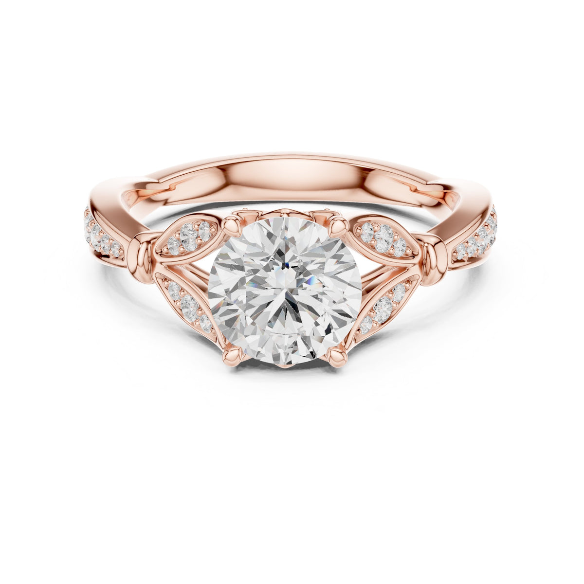 Round Diamond Engagement Ring with Leaf Accents and Pavé Band