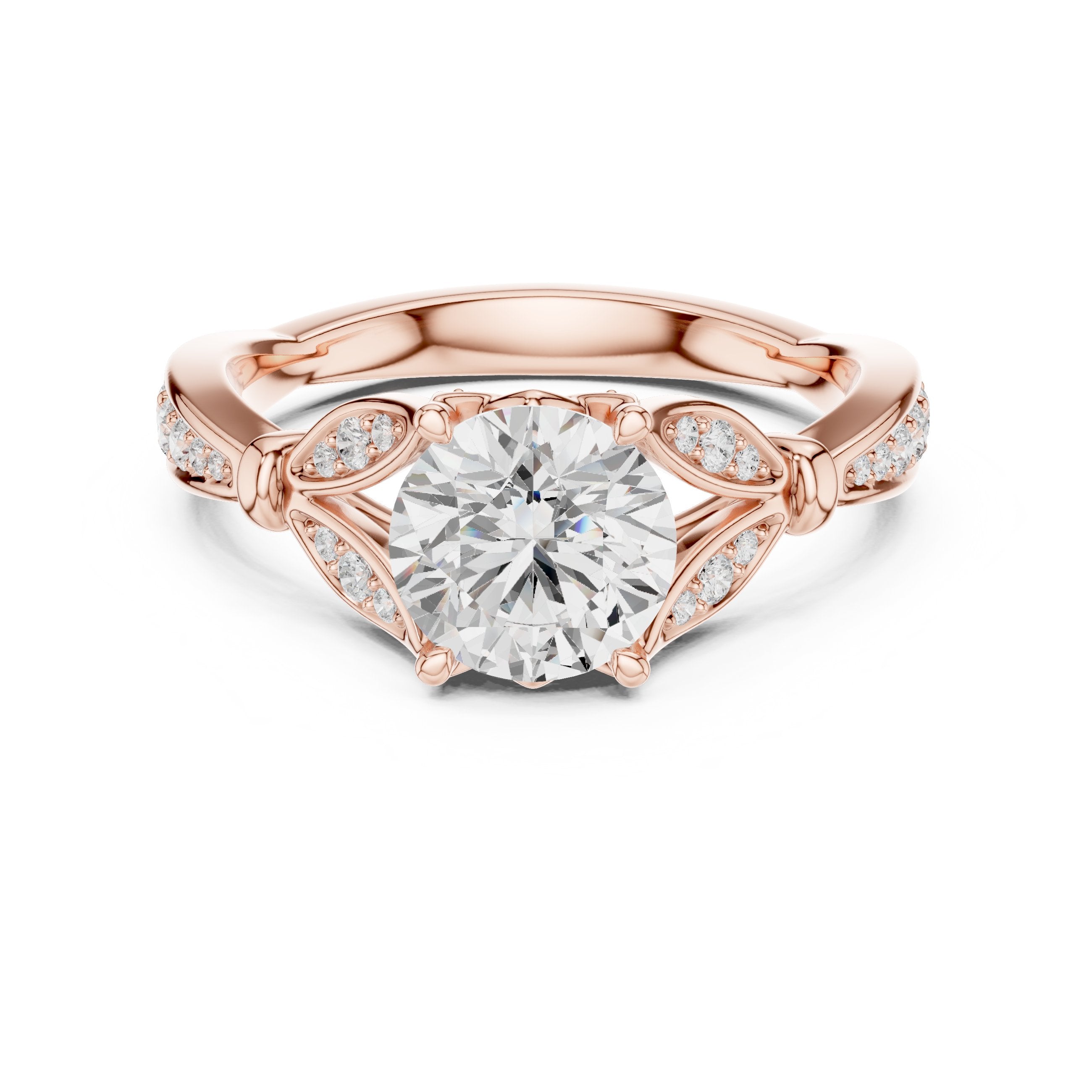 Round Diamond Engagement Ring with Leaf Accents and Pavé Band in Rose Gold - VYKA Diamonds