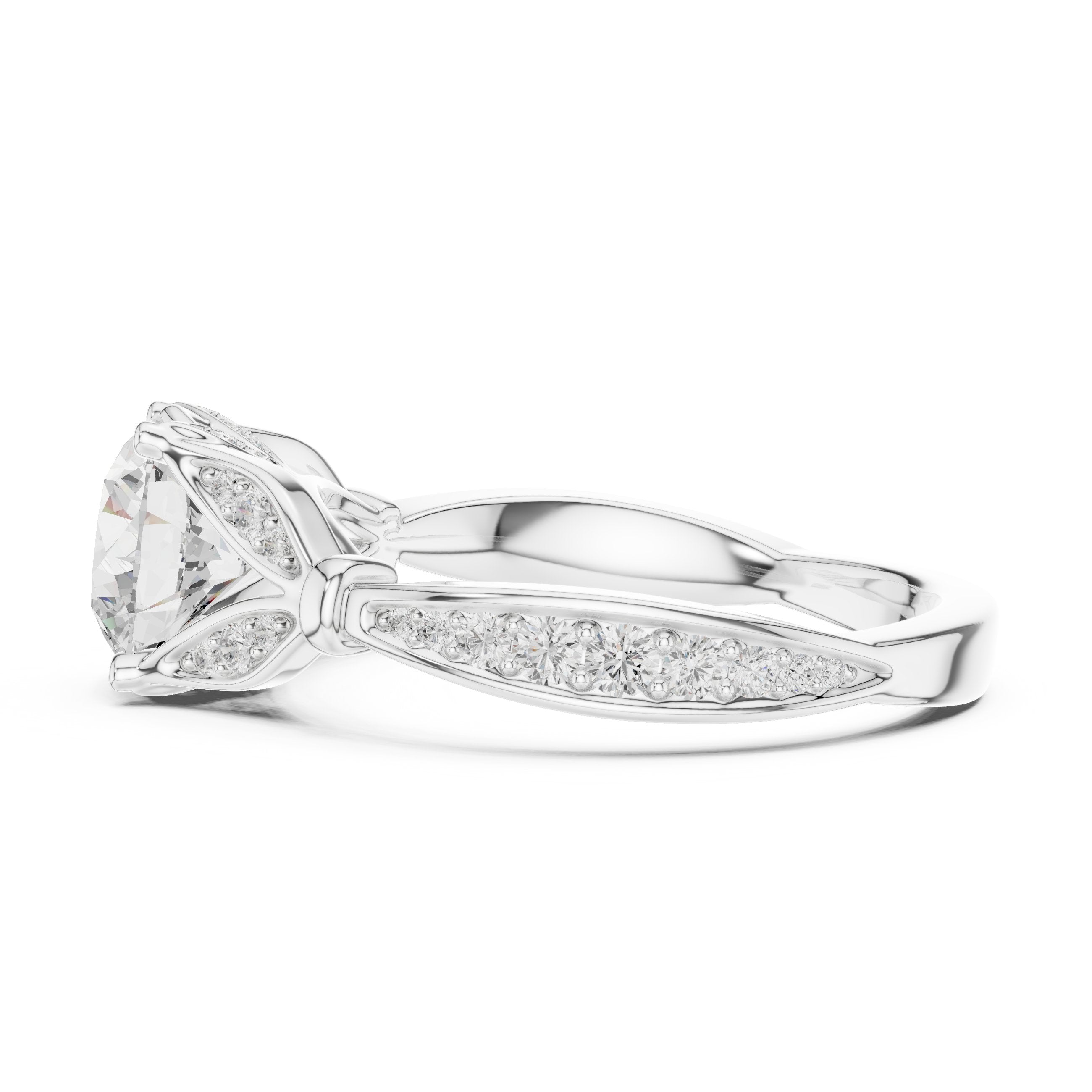 Round Diamond Engagement Ring with Leaf Accents and Pavé Band in White Gold - VYKA Diamonds