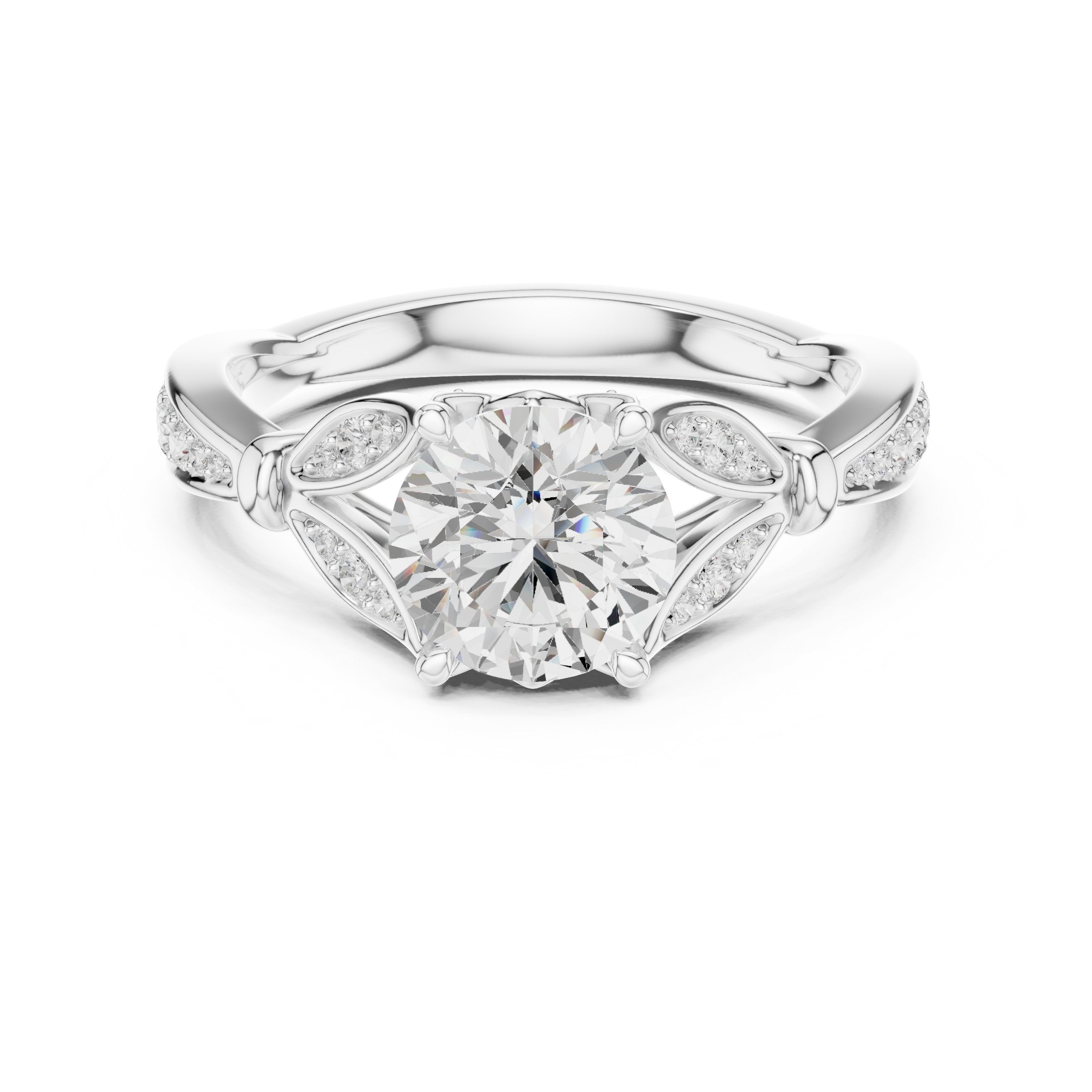 Round Diamond Engagement Ring with Leaf Accents and Pavé Band in White Gold - VYKA Diamonds