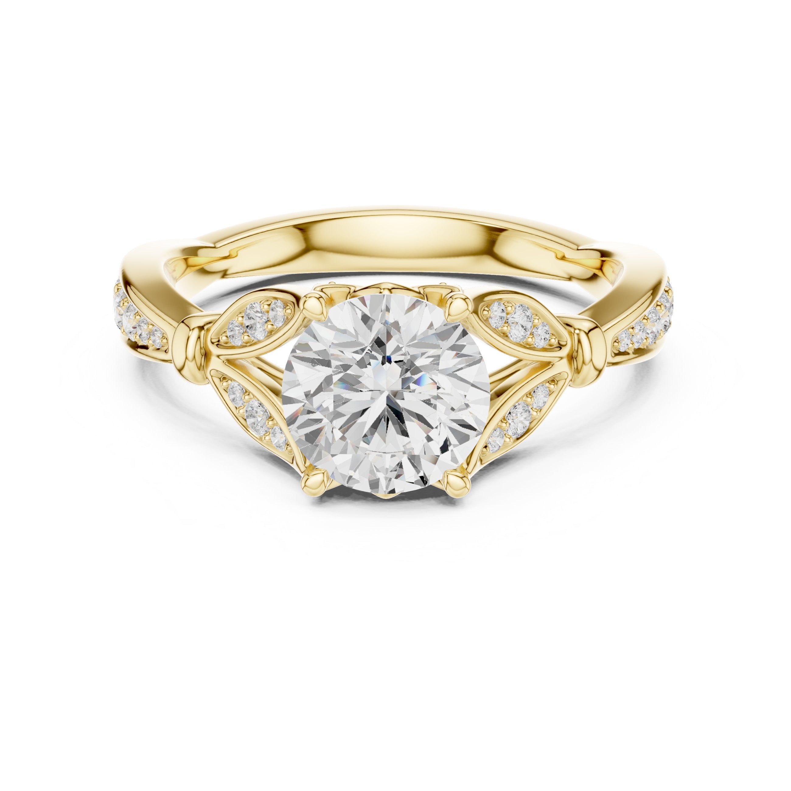Round Diamond Engagement Ring with Leaf Accents and Pavé Band in Yellow Gold - VYKA Diamonds