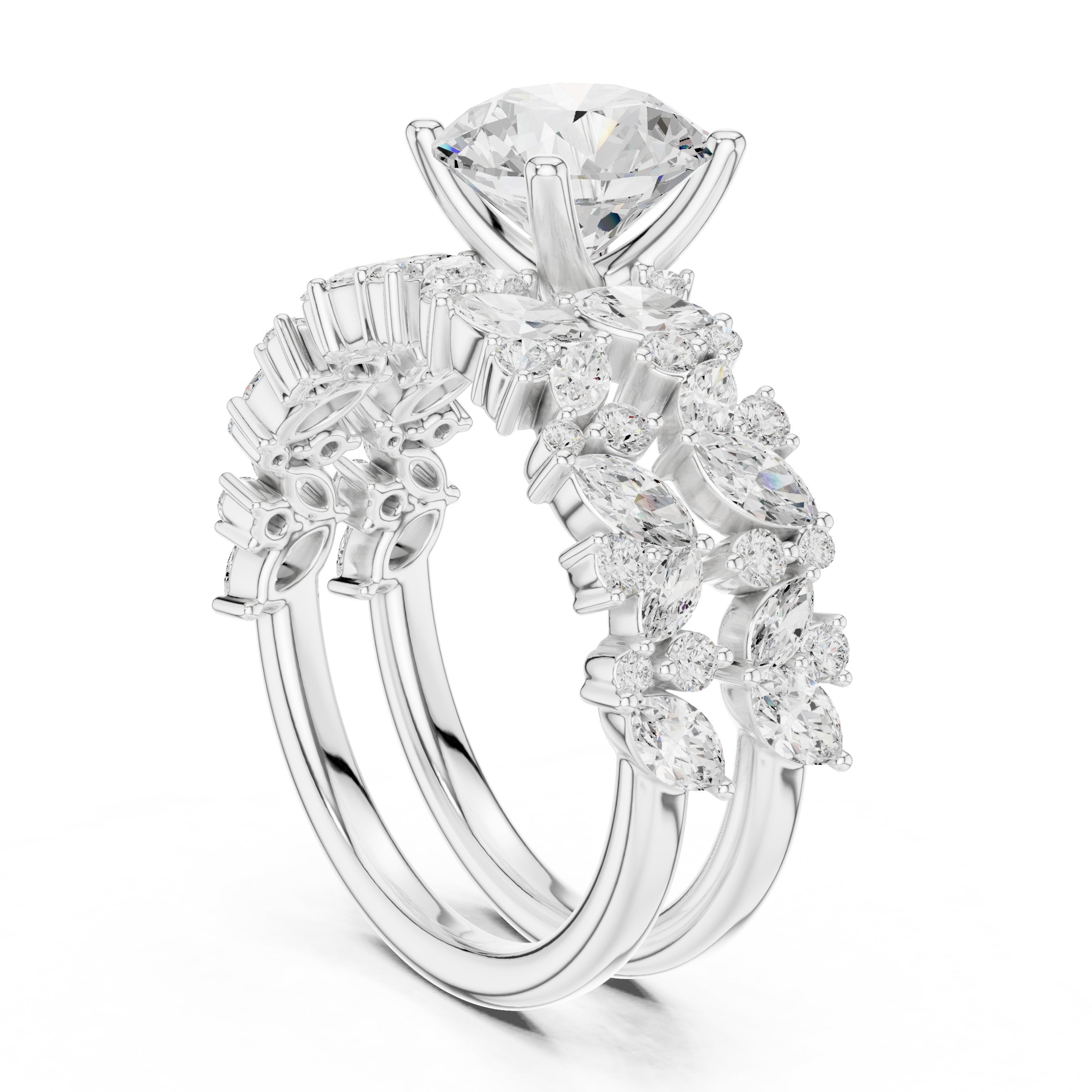 Round Diamond Halo Engagement Ring with Double Pavé Wrap Band in White Gold - VYKA Diamonds