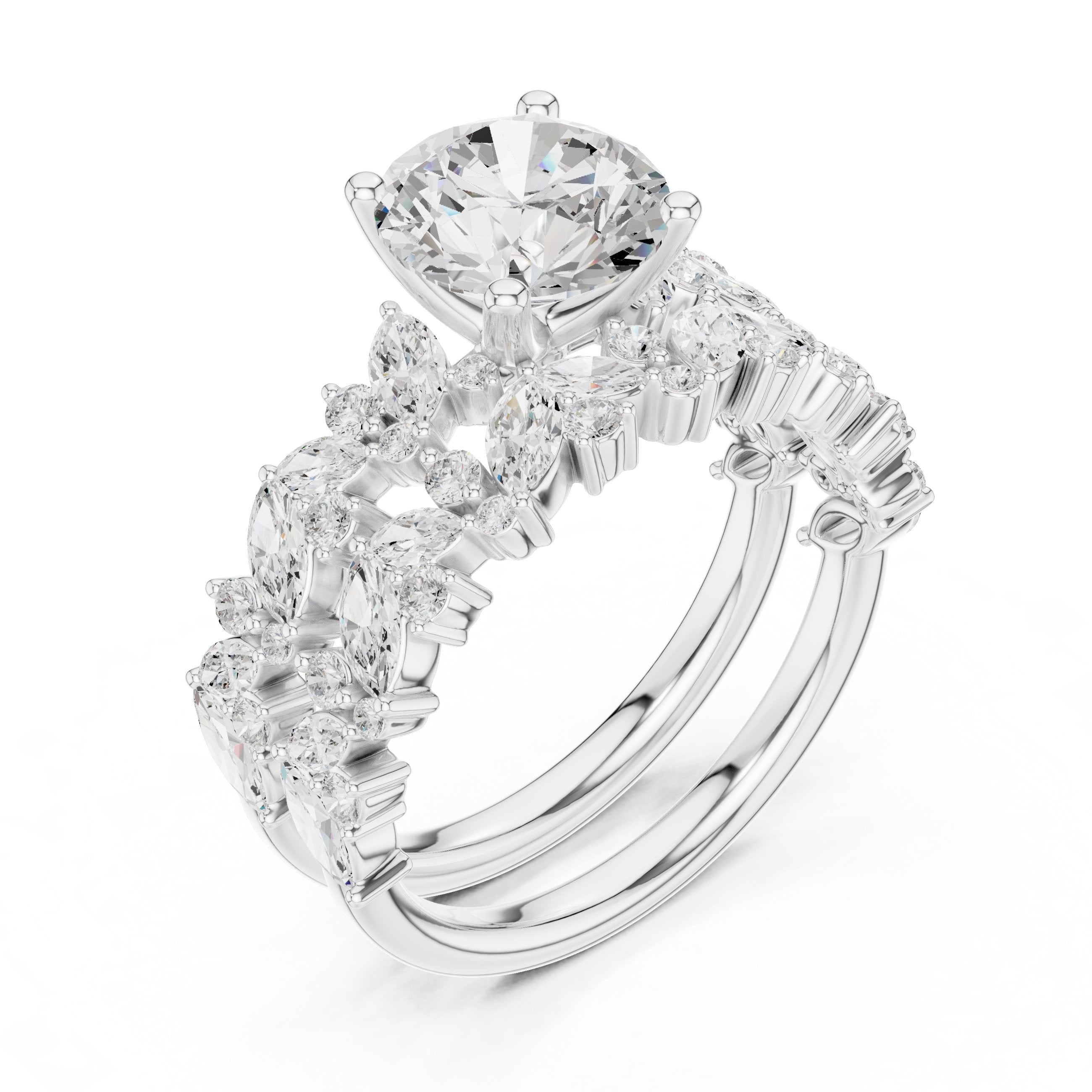 Round Diamond Halo Engagement Ring with Double Pavé Wrap Band in White Gold - VYKA Diamonds