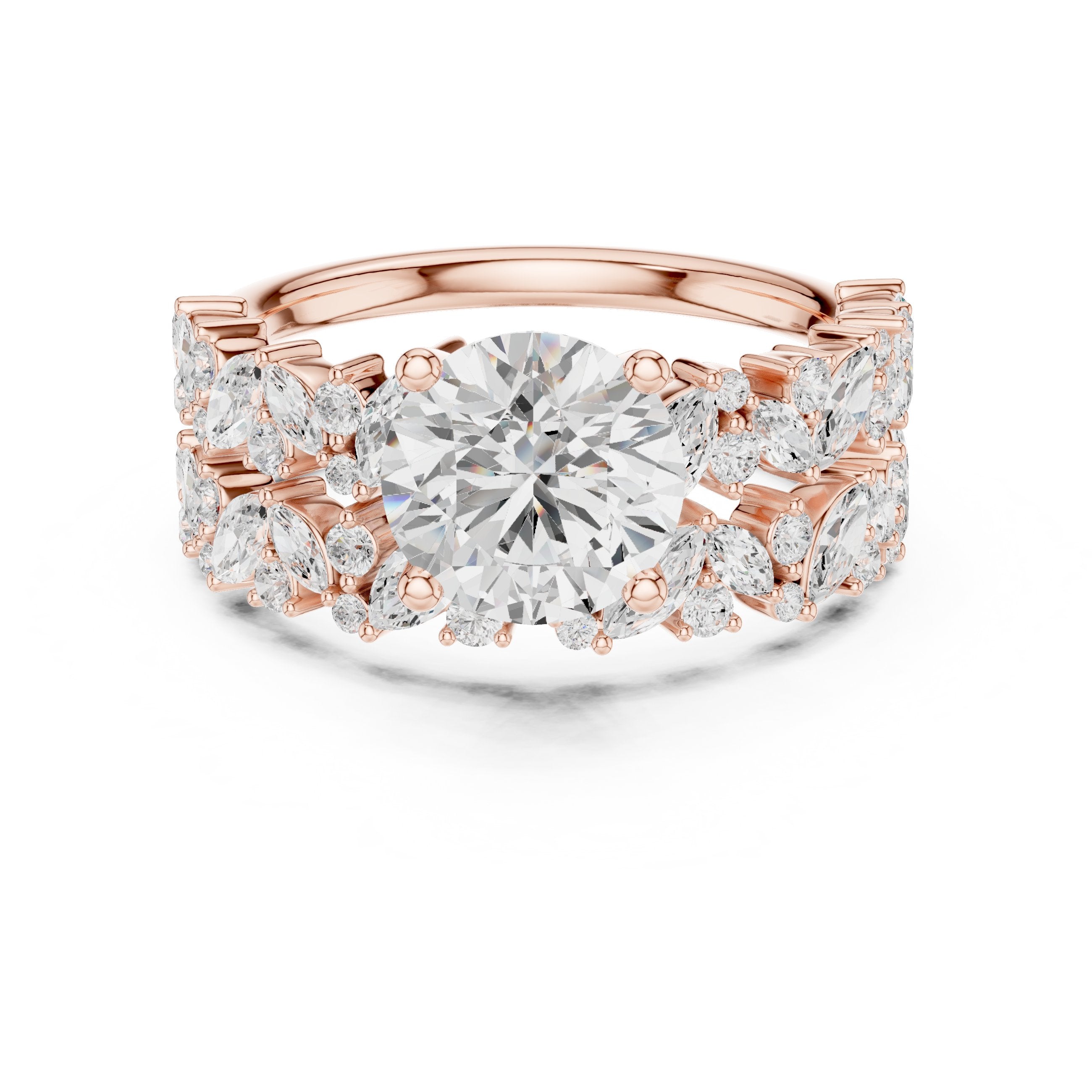 Round Diamond Halo Engagement Ring with Double Pavé Wrap Band in Rose Gold - VYKA Diamonds