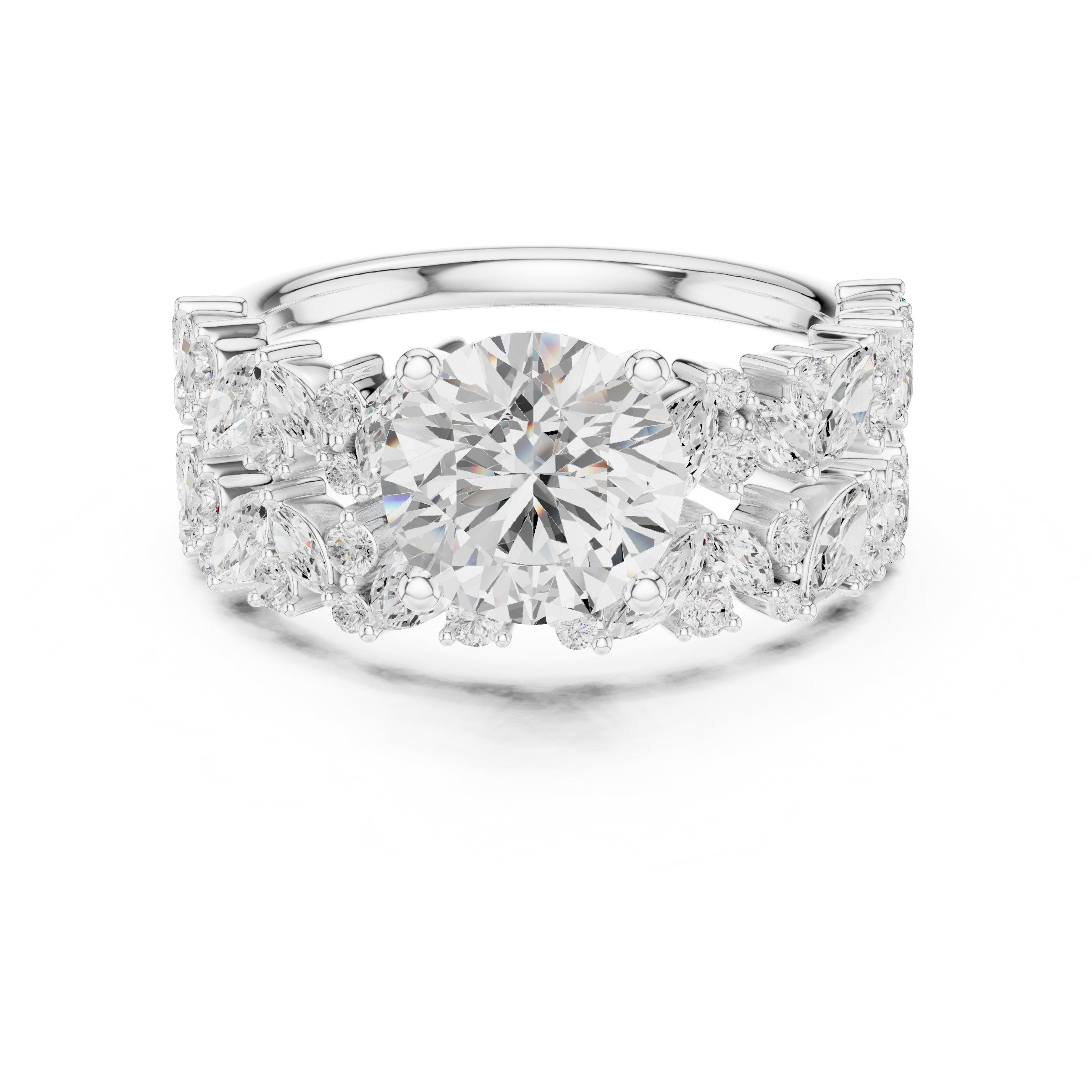 Round Diamond Halo Engagement Ring with Double Pavé Wrap Band in White Gold - VYKA Diamonds
