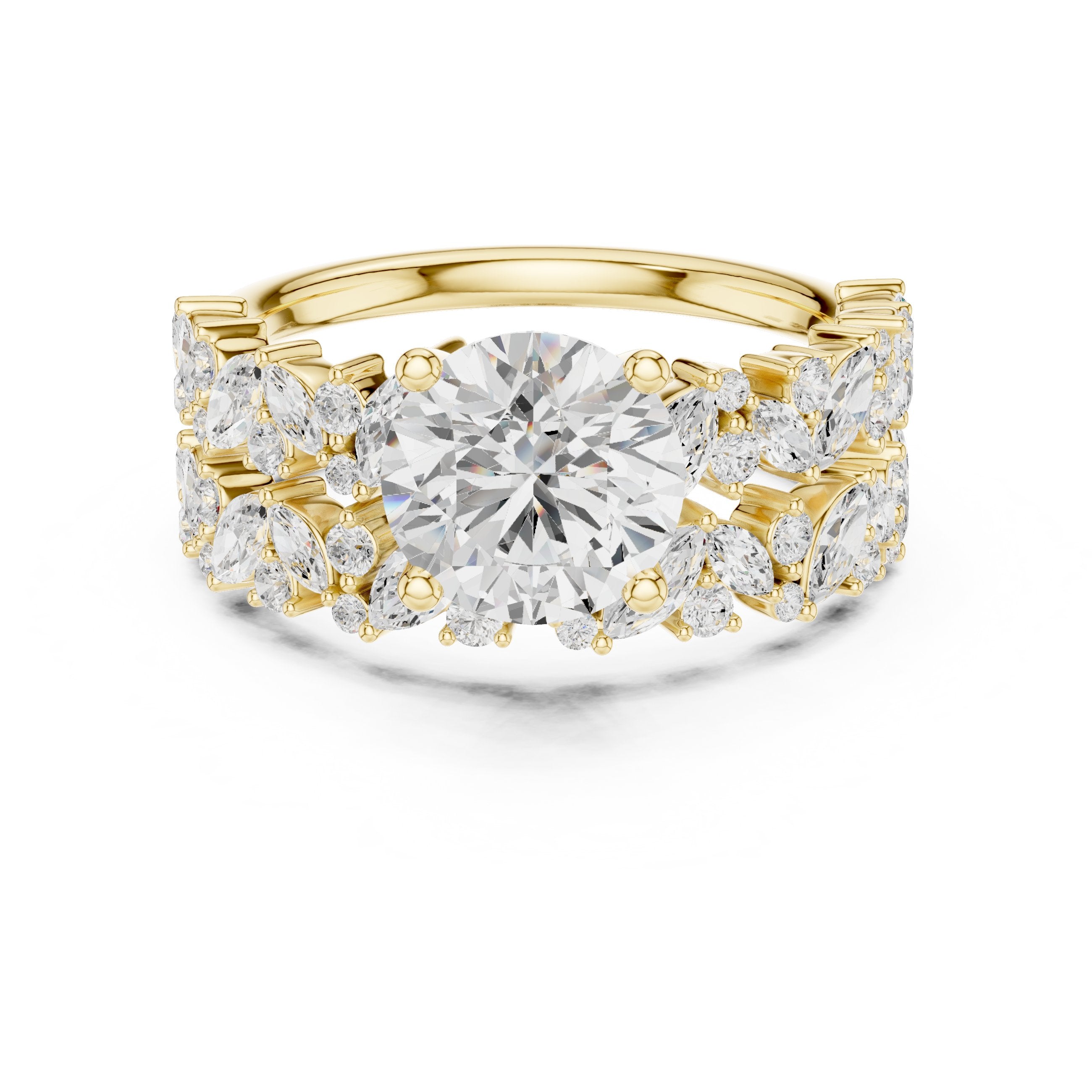 Round Diamond Halo Engagement Ring with Double Pavé Wrap Band in Yellow Gold - VYKA Diamonds