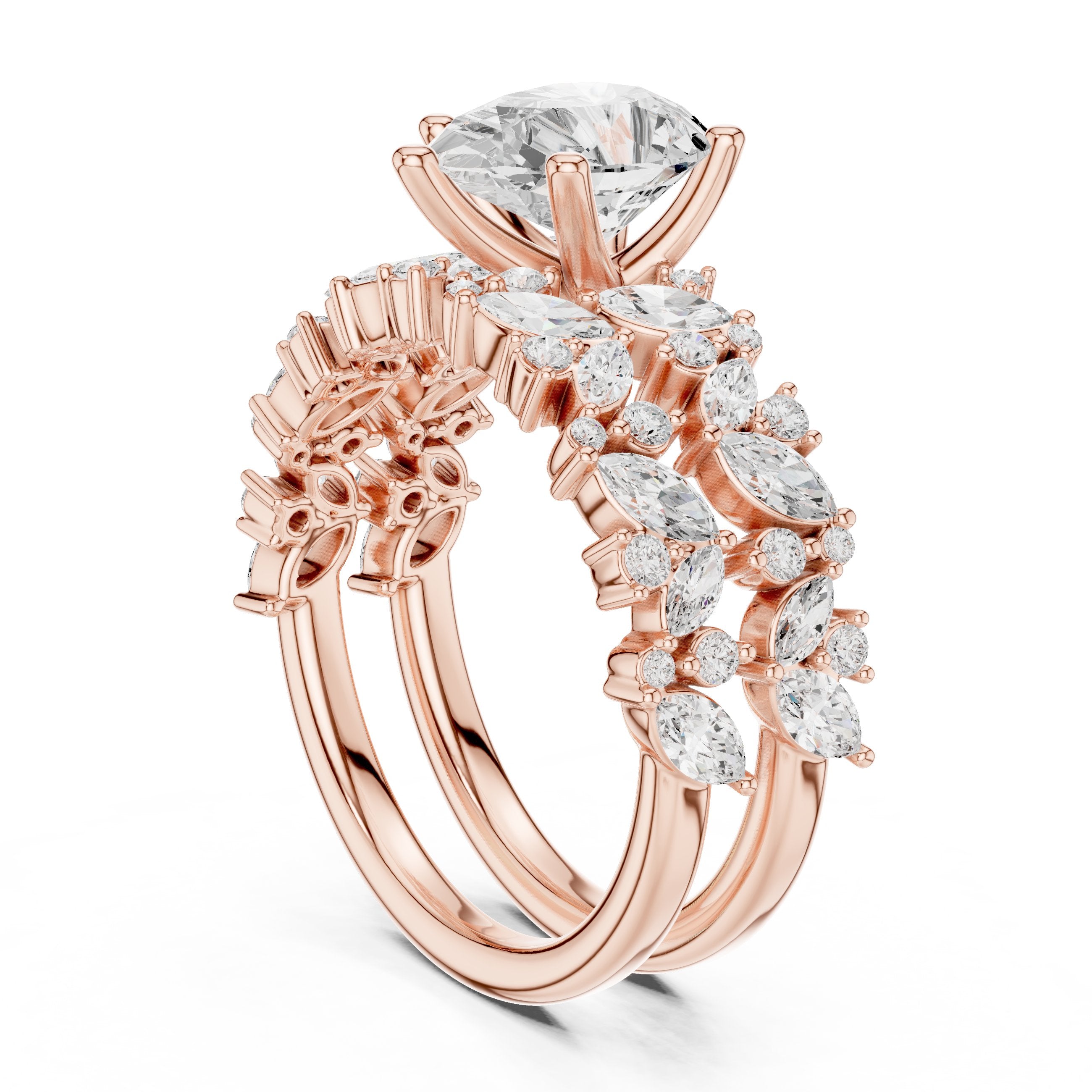 Pear Diamond Engagement Ring with Marquise Vine Cluster Band in Rose Gold - VYKA Diamonds